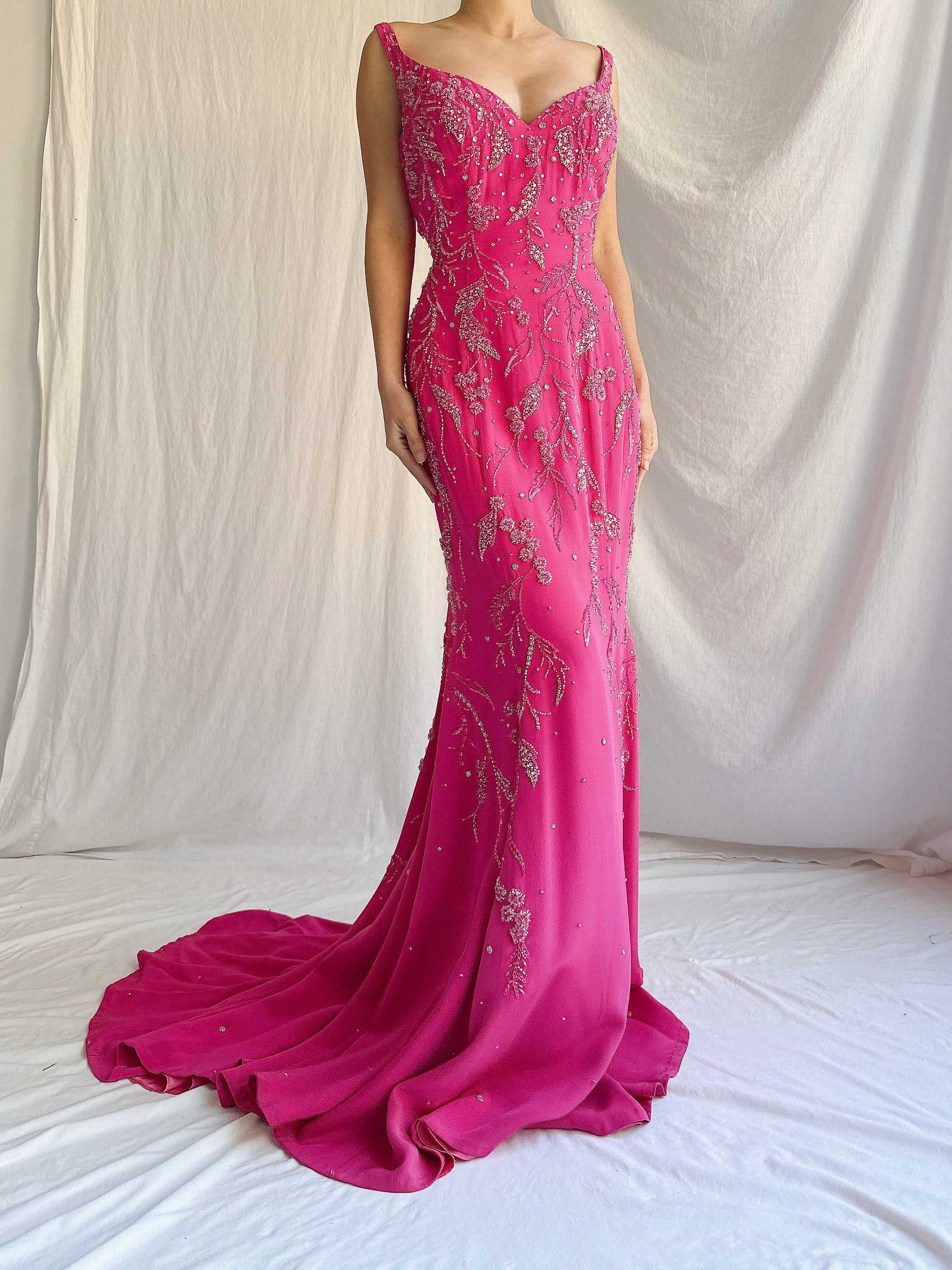 Vintage Hot Pink Silk Beaded Gown - M