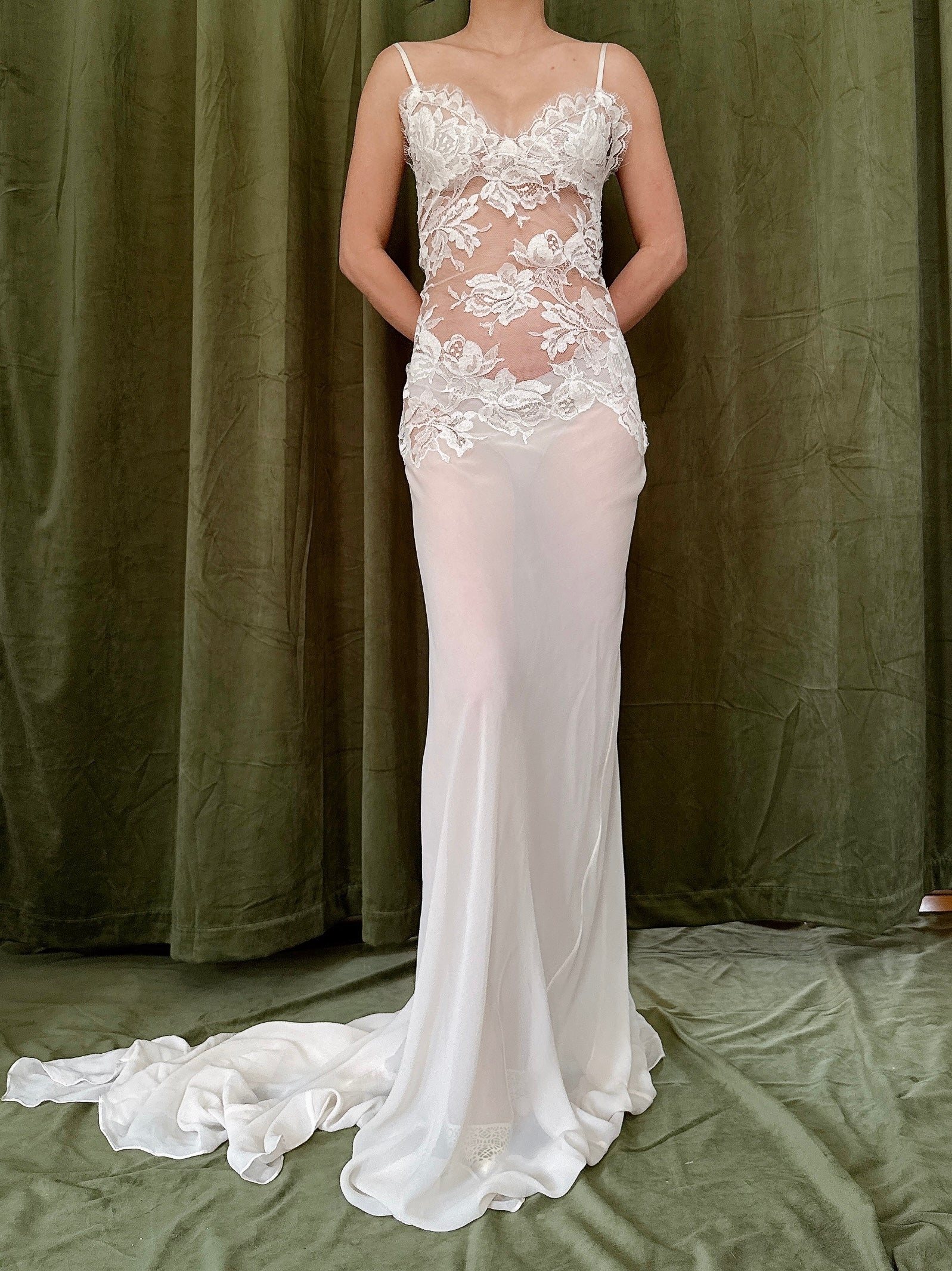 Vintage Rosamosario Floral Lace Silk Slip Gown - M