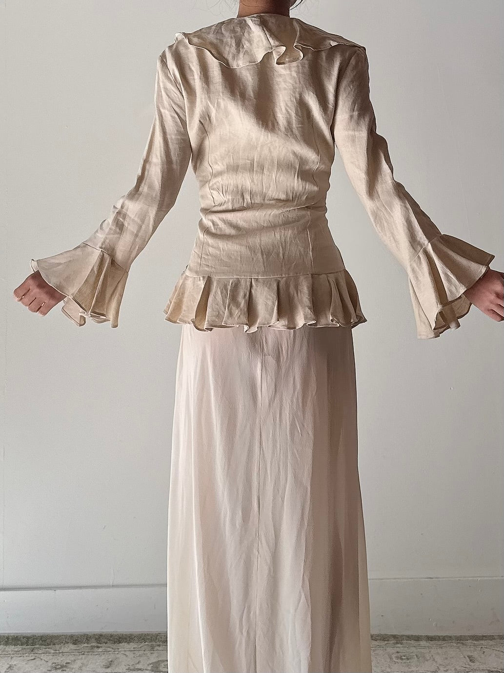 Vintage Cottonade Paris Beige Ruffle Top - FR38