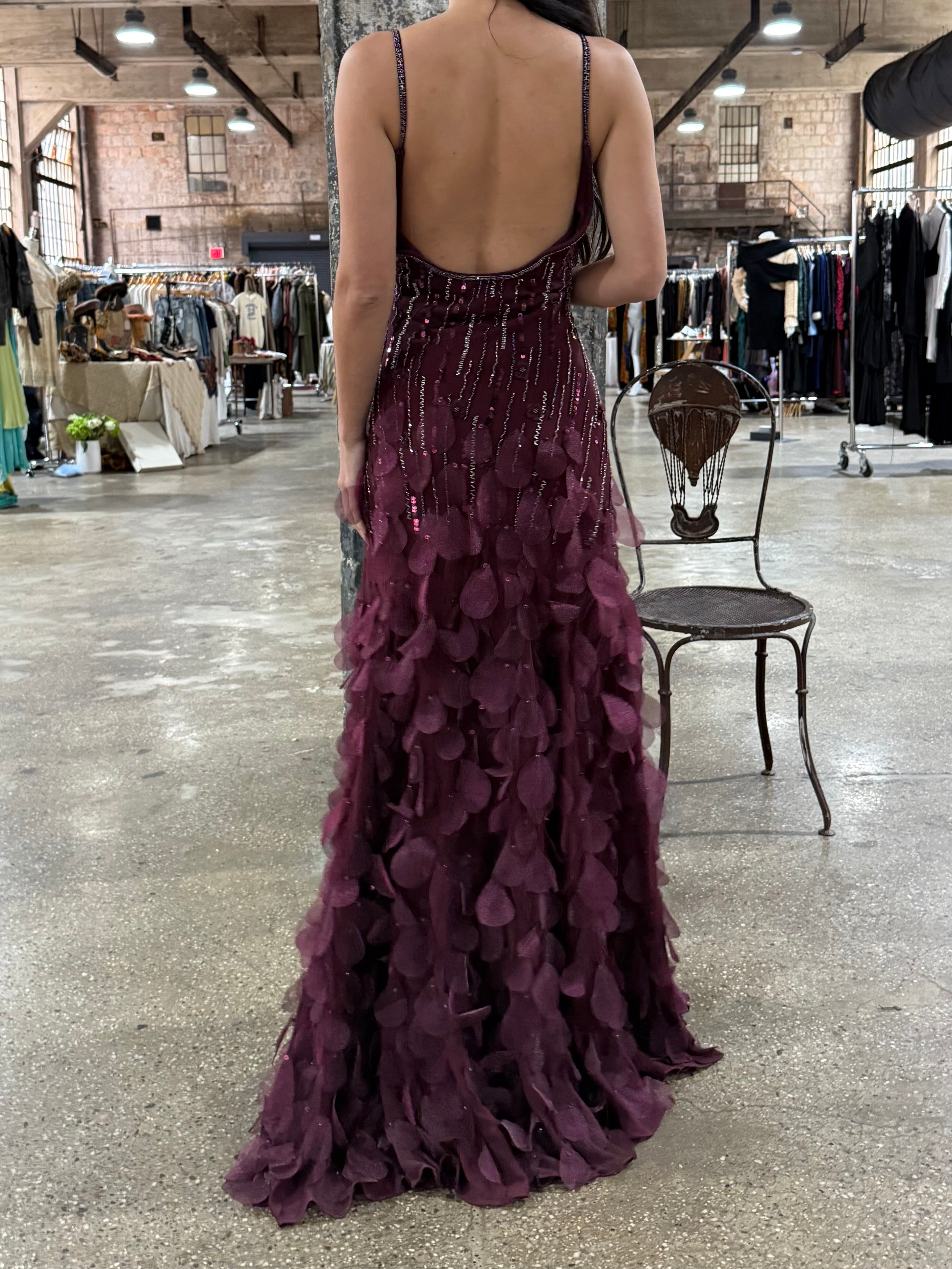 Vintage Burgundy Silk Petal Dress - M