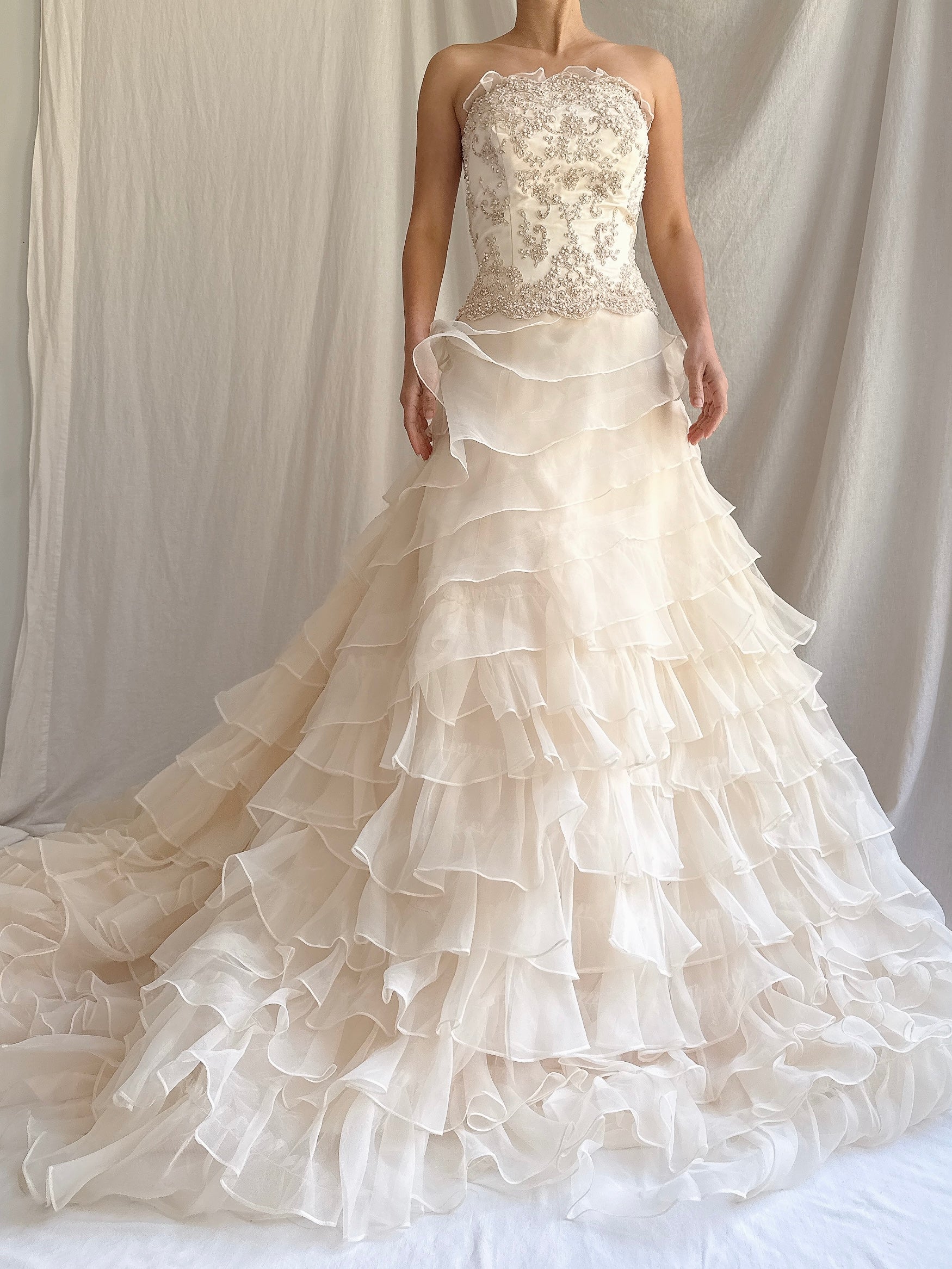 Vintage Strapless Ruffled Gown - M