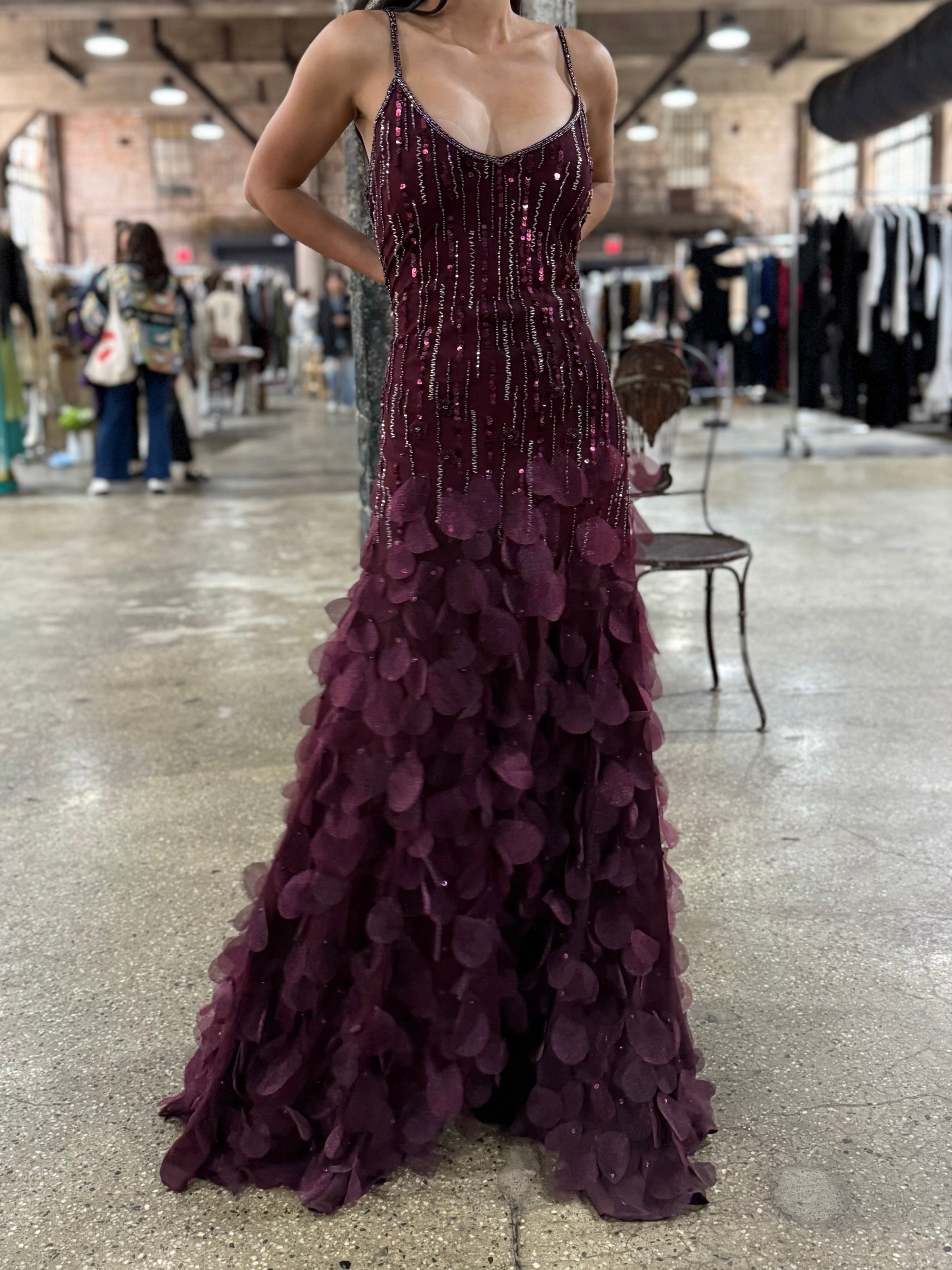 Vintage Burgundy Silk Petal Dress - M