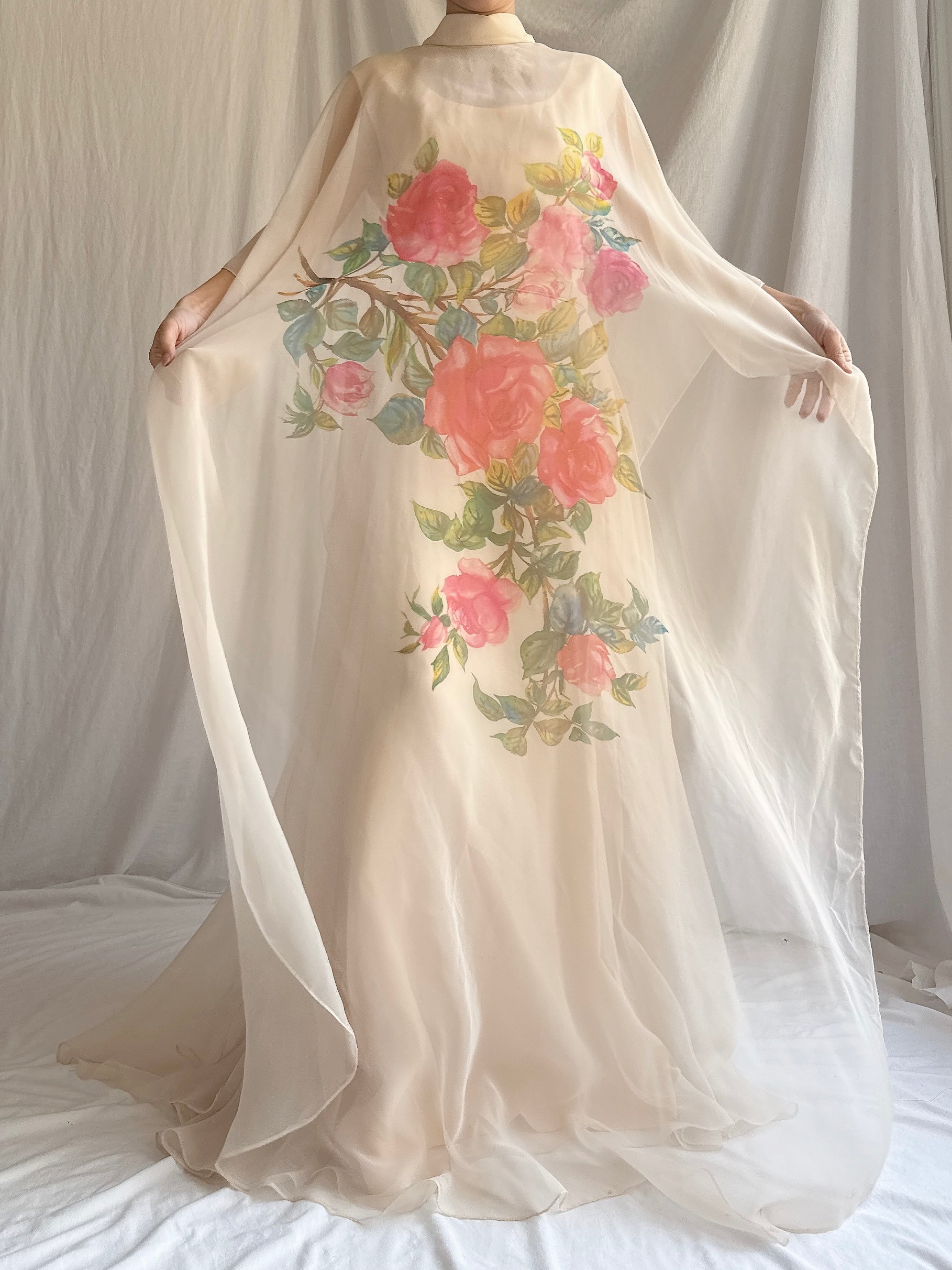 1960s Chiffon Rose Cape Dress - M