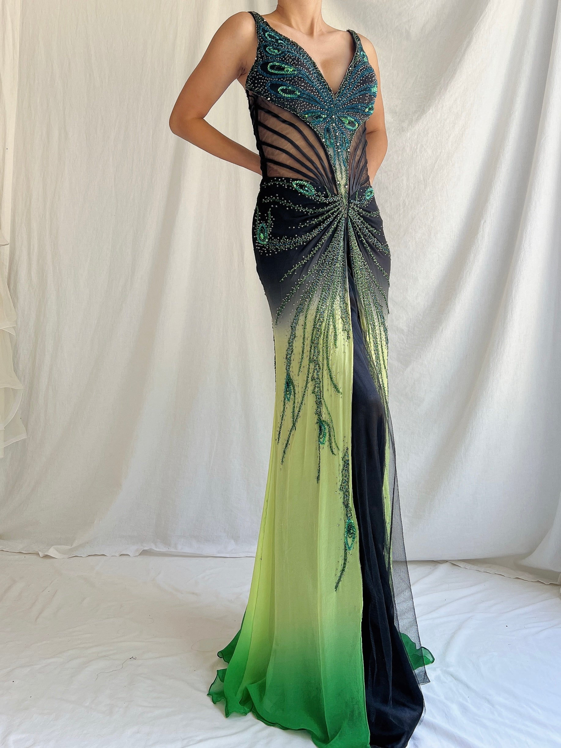 chiffon mesh dress I.H.F Studio FLORAL MESH LACE AND CHIFFON DRESS IN GOLD