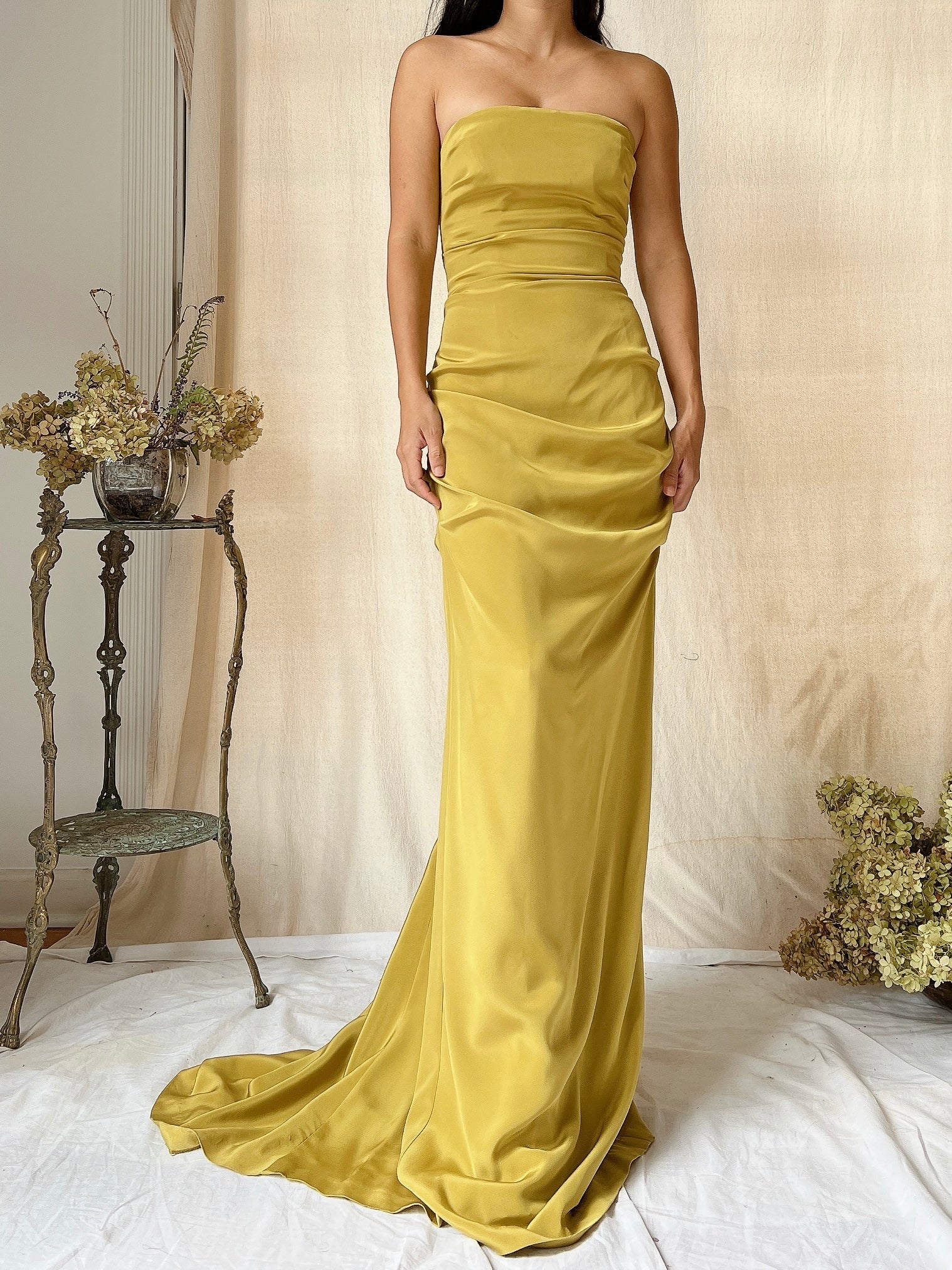 Vintage Silk Chartreuse Silk Gown - XS/4 Vintage Silk Chartreuse Silk Gown - XS/4