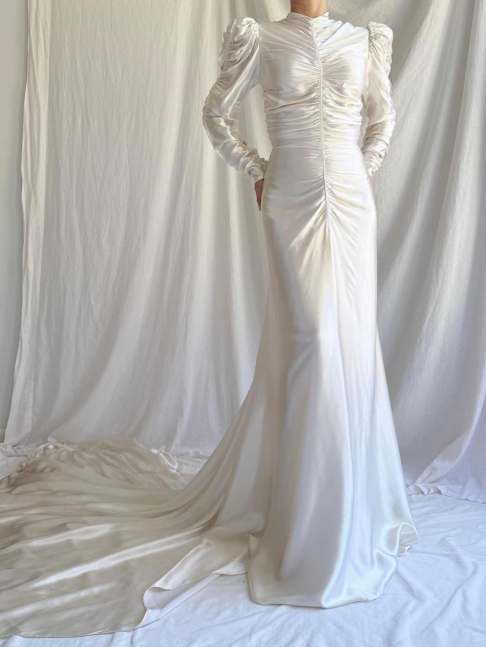 1930s Ruche Long Sleeve Satin Gown - S