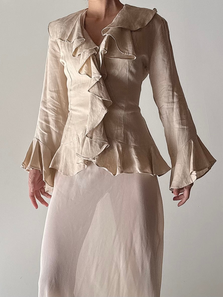 Vintage Cottonade Paris Beige Ruffle Top - FR38