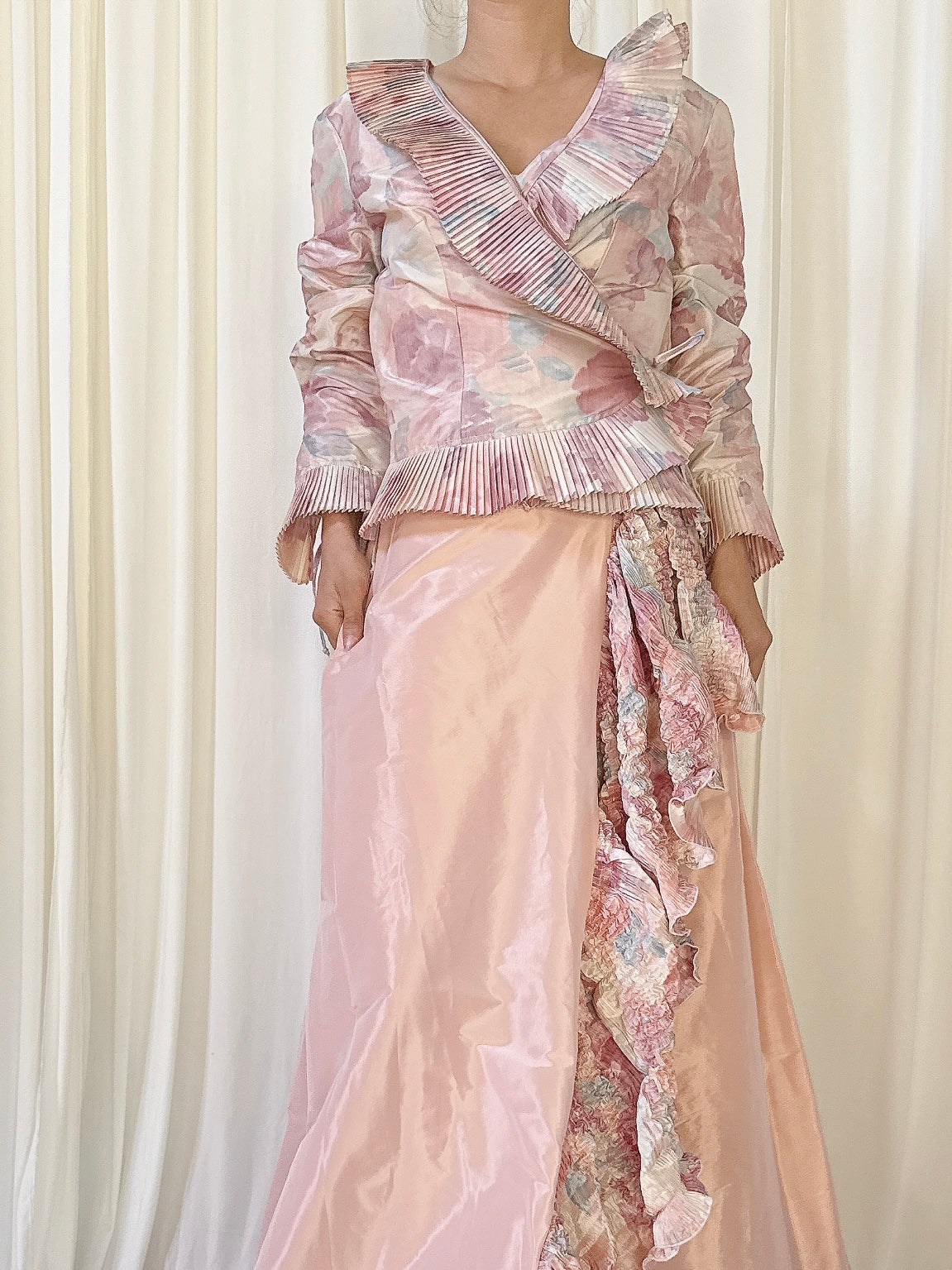 Vintage Paule Vasseur 2 Piece Pink Silk Floral Set - FR 40