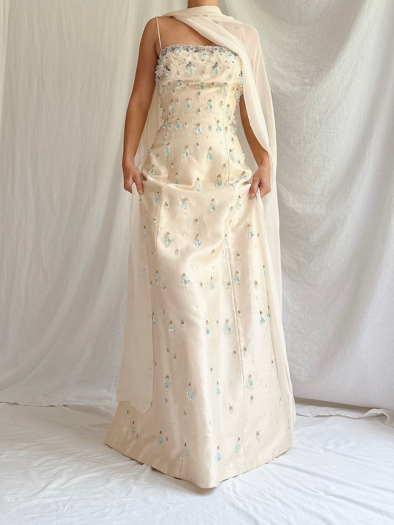 1960s Raw Silk Crystal Gown with Silk Shawl- S/4