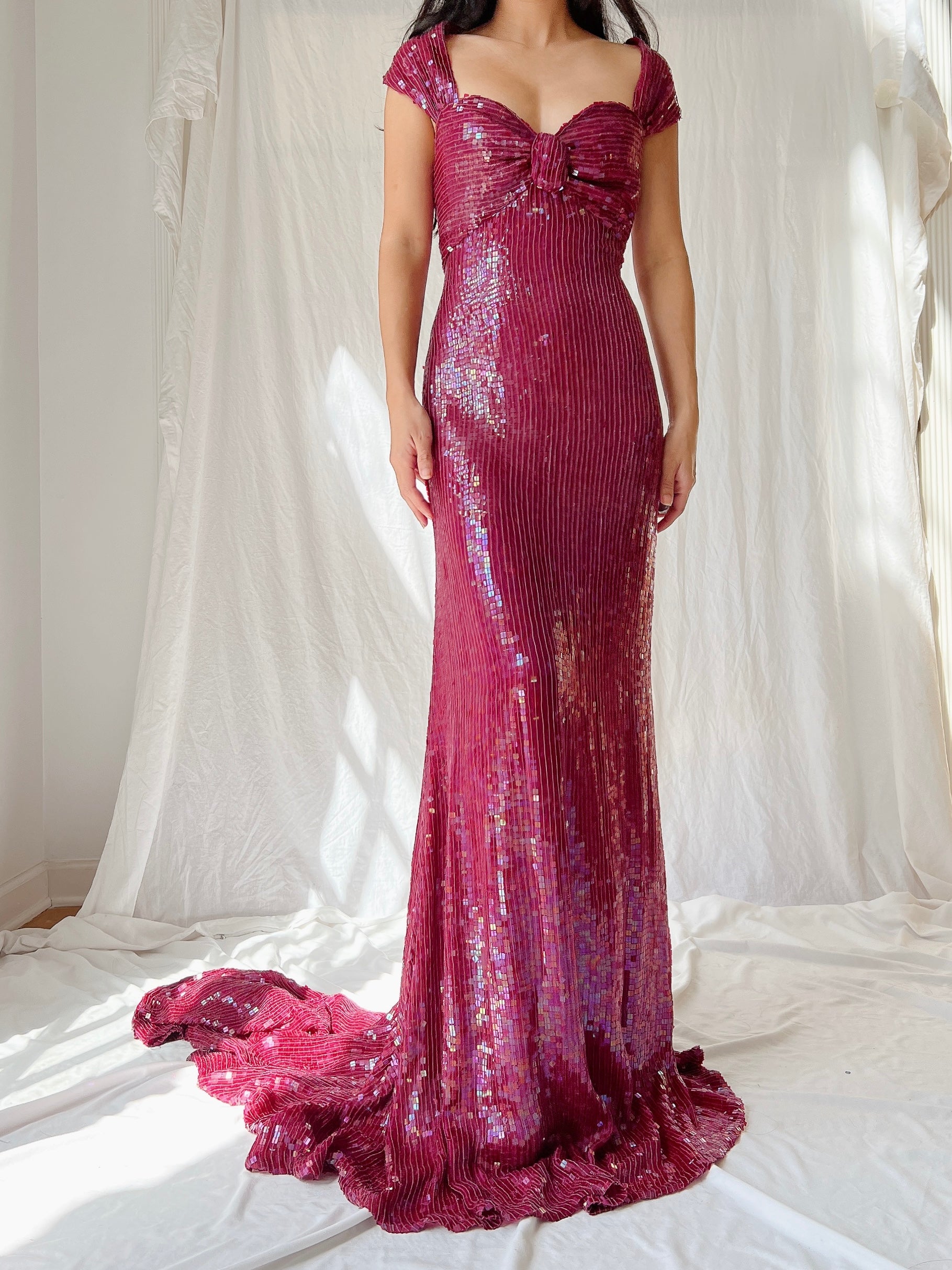 Vintage Ruby Silk Sequins Gown - L/US 12