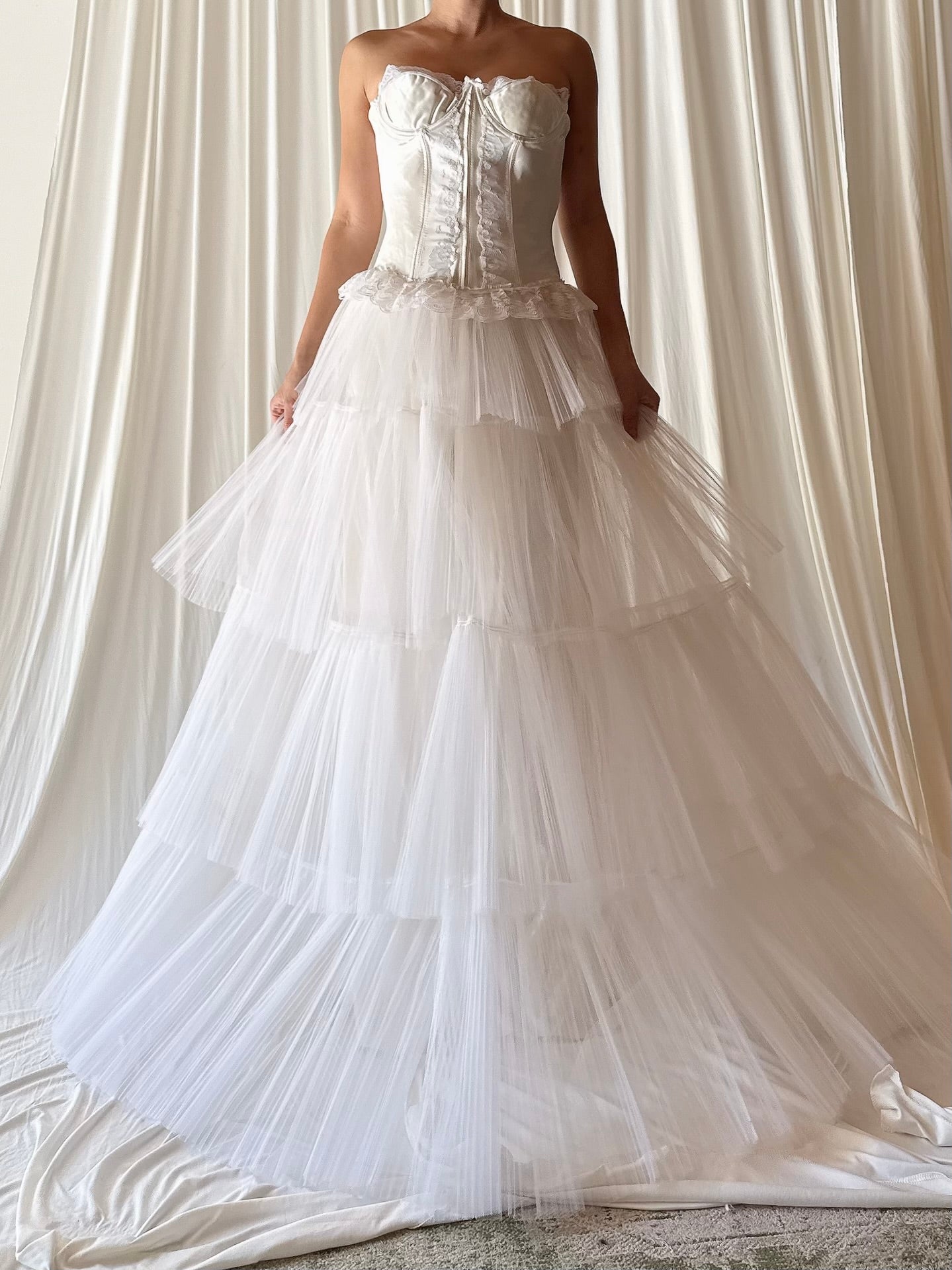 1950s Pleated Tiered Tulle Gown with Bustier - XS