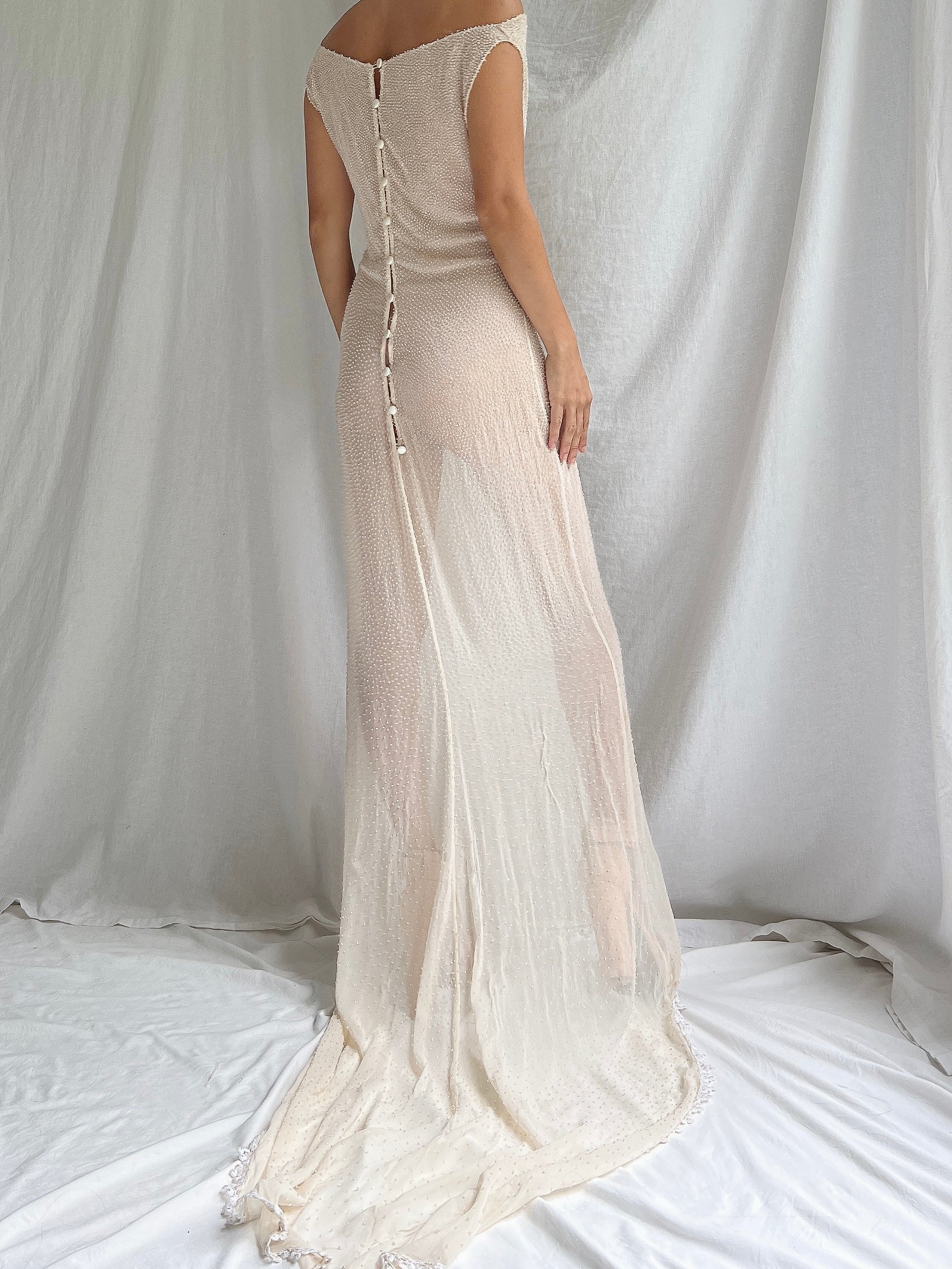 1990s Silk Chiffon Hand Beaded Gown - S