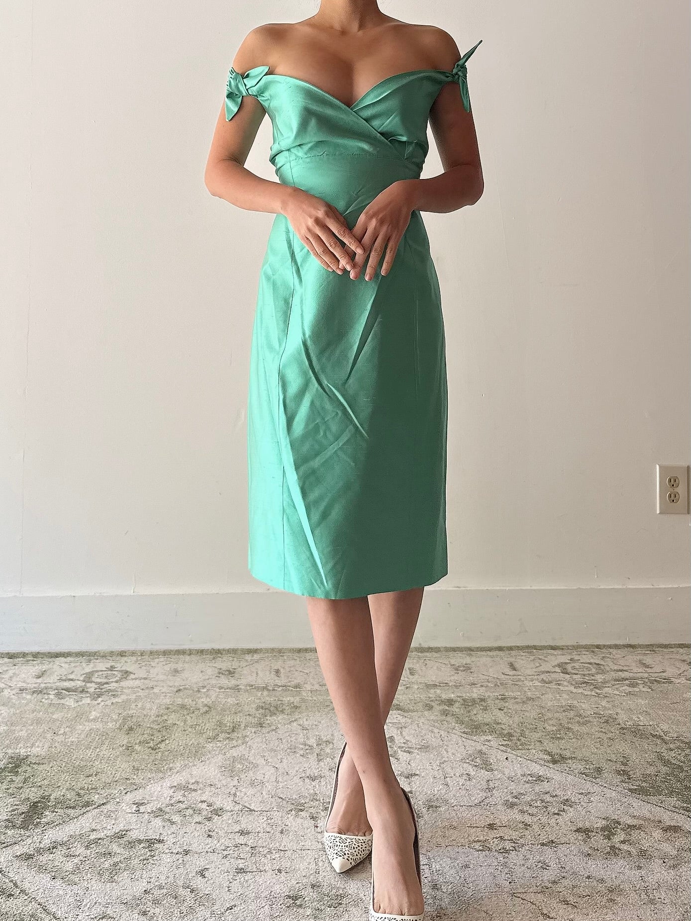 Vintage Teal Silk Halter Dress - FR40