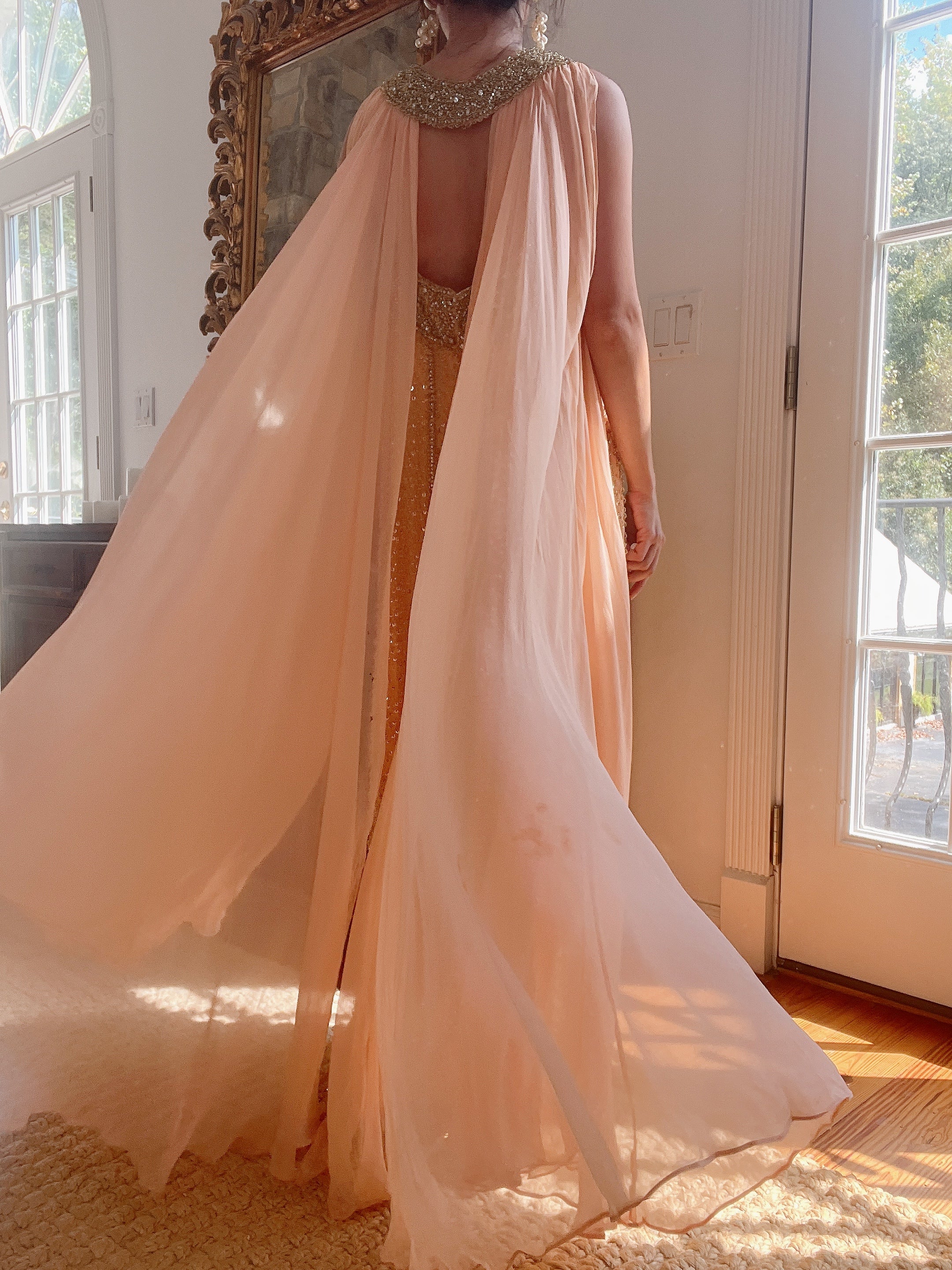 1960s Peach Beaded Gown & Cape - M/L