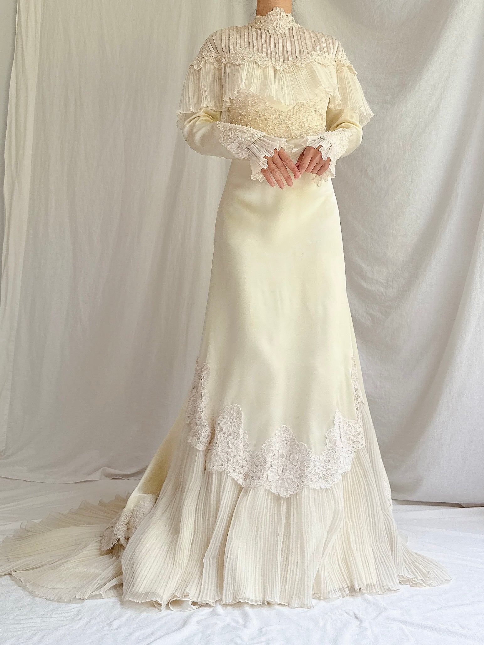 1970s Ivory Pleated Hem Satin Gown - S