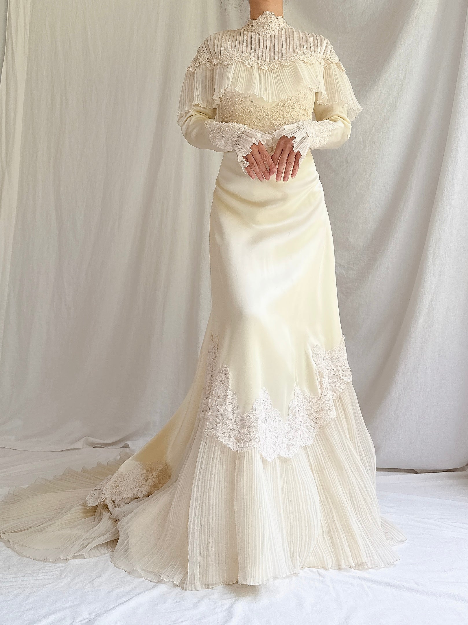1970s Ivory Pleated Hem Satin Gown - S