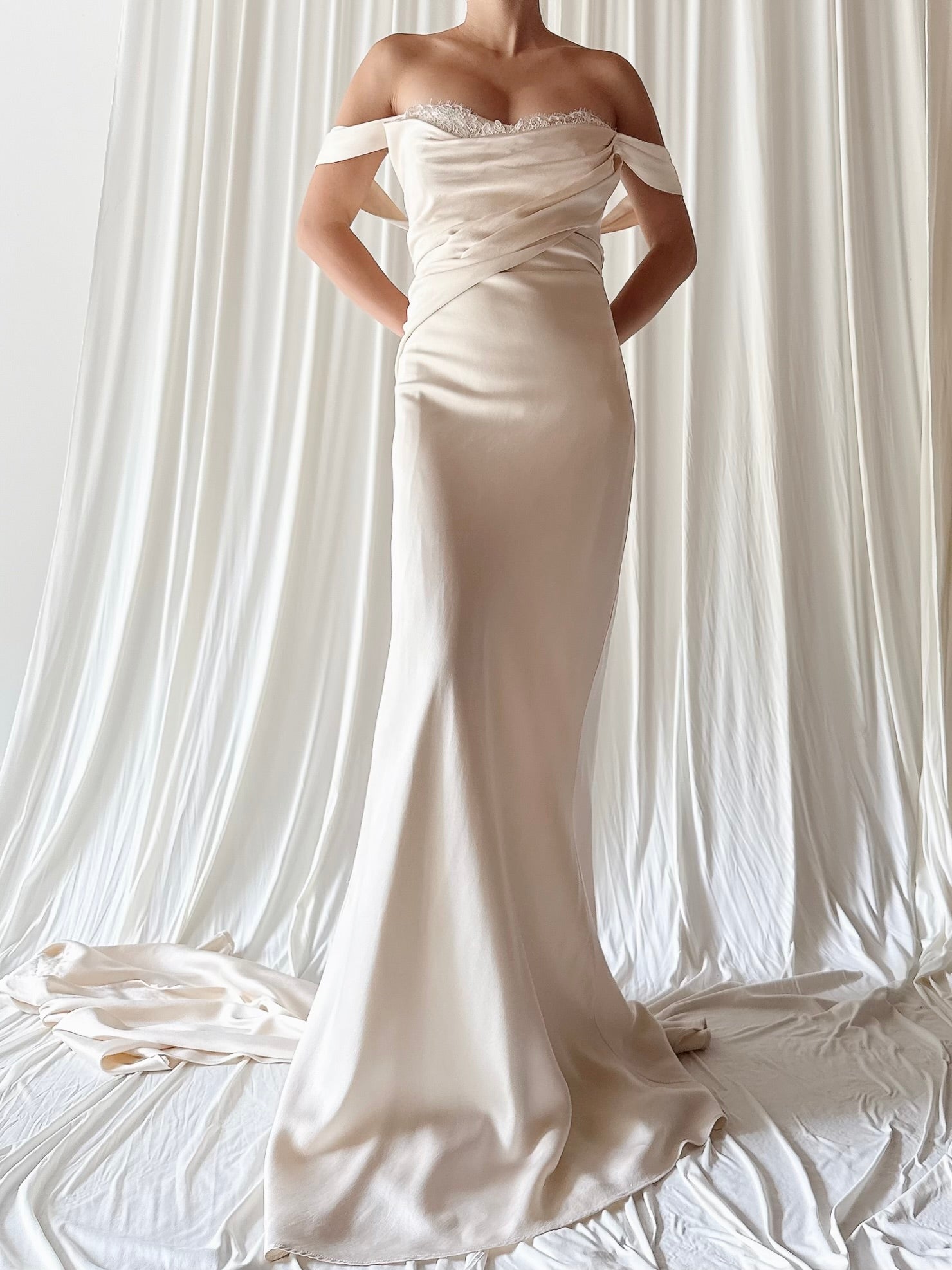 Vintage Silk Draped Bias Cut Gown with Detachable Train - M