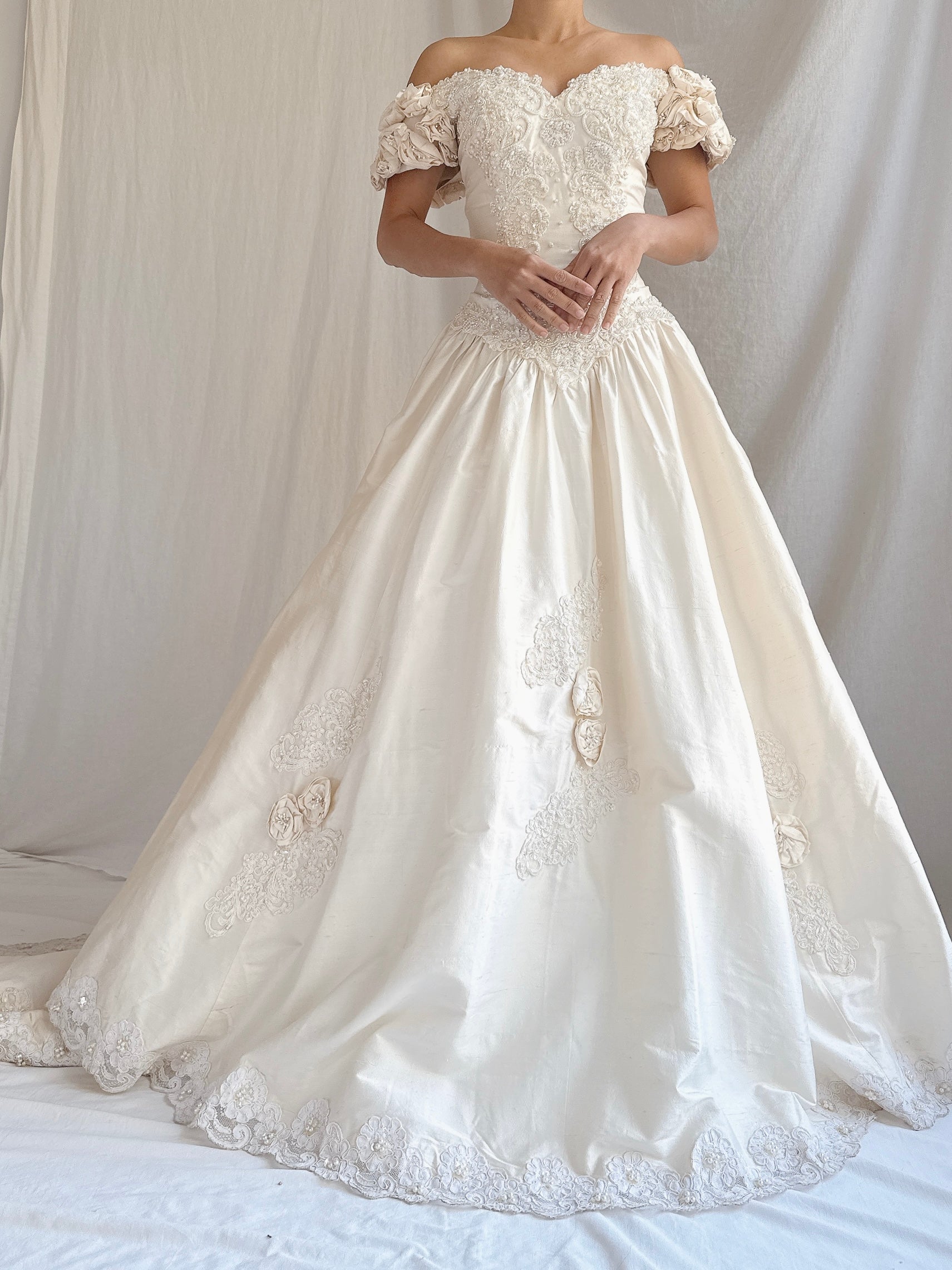 Vintage Silk Rosette Off-the-Shoulder Gown - M