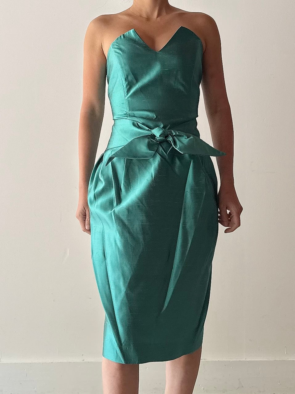 Vintage Turquoise Teal Silk Strapless Dress - FR42