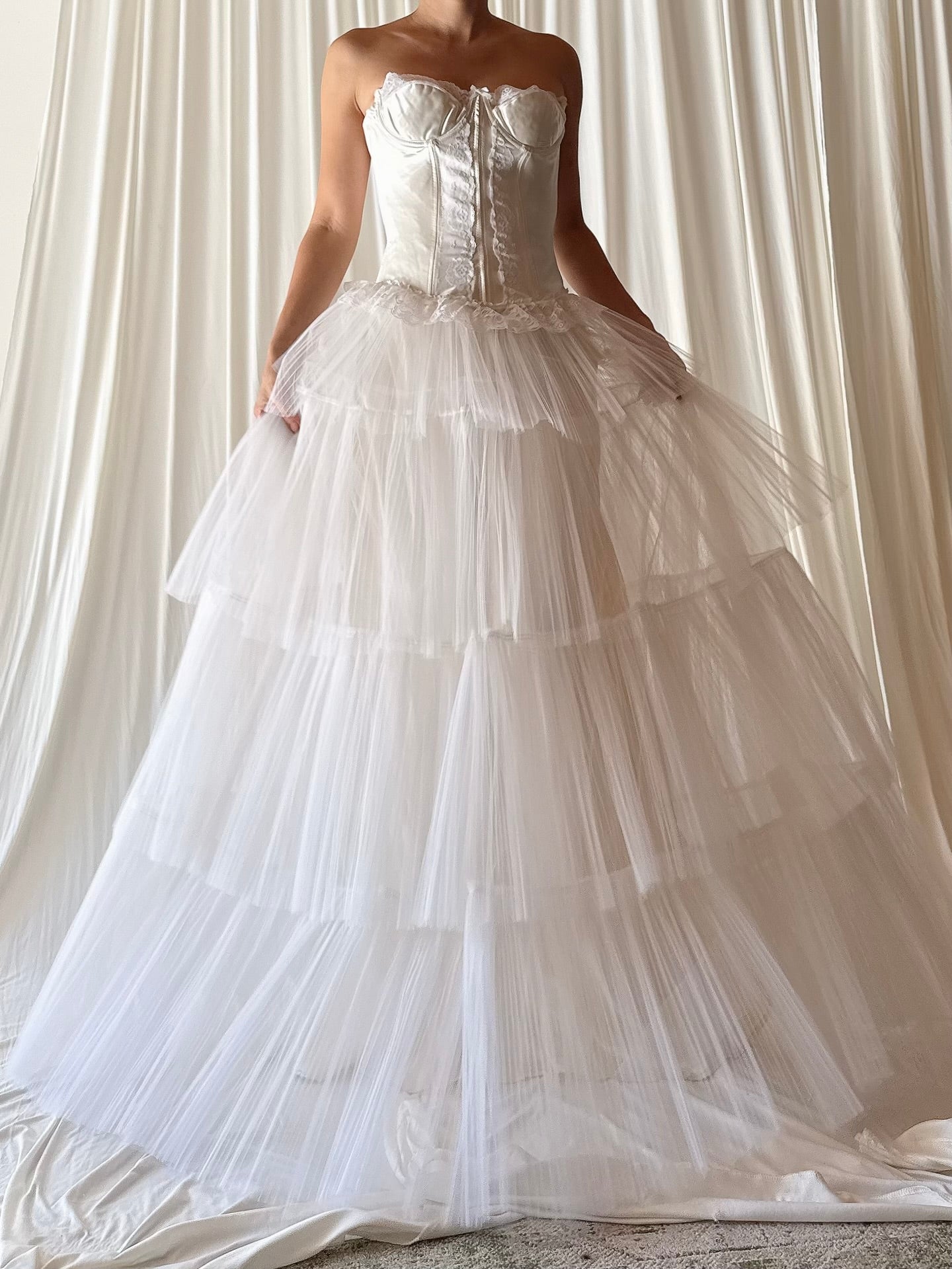 1950s Pleated Tiered Tulle Gown with Bustier - XS