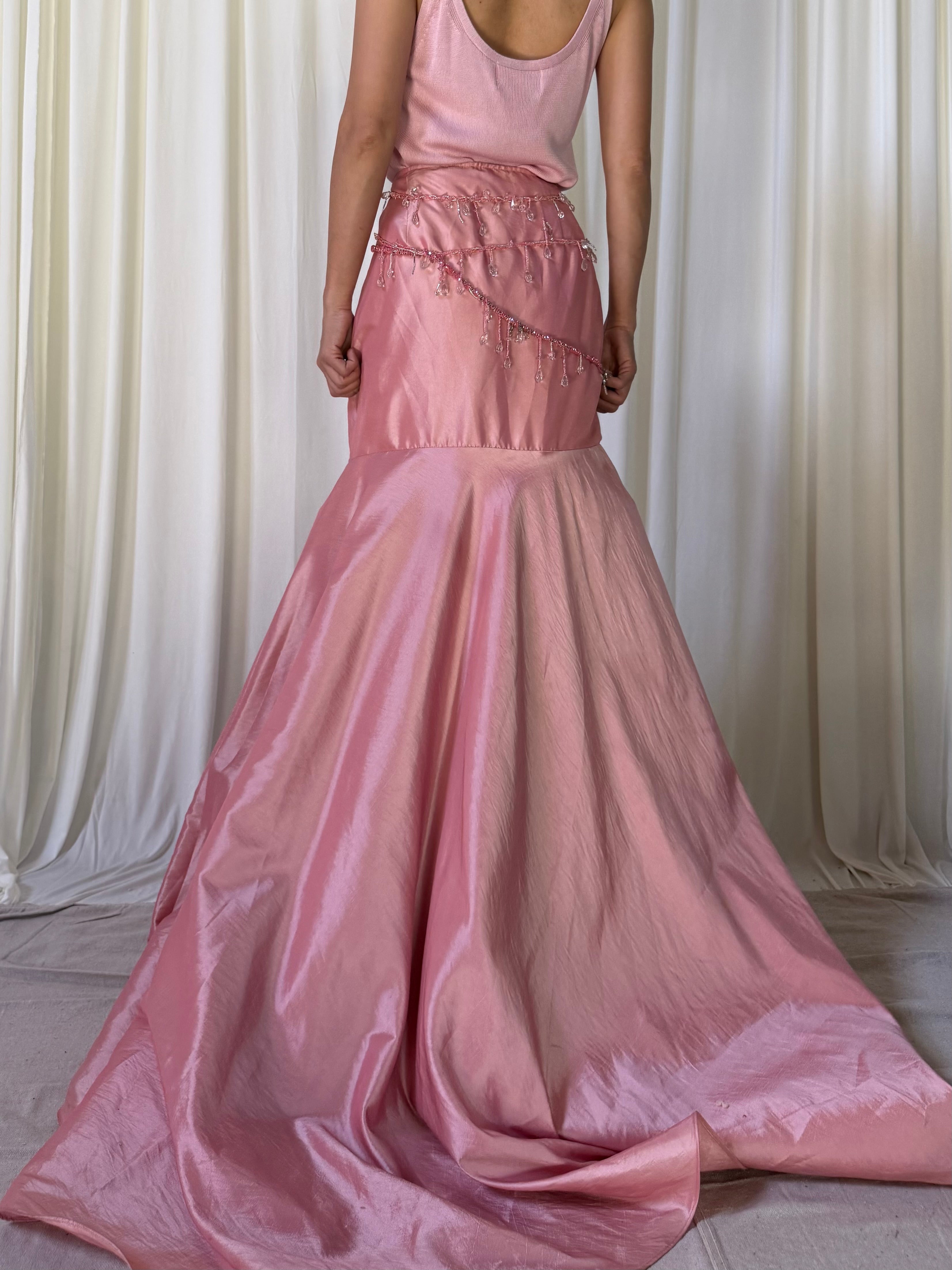 Vintage 4. Pink Taffeta Skirt w/Beaded Tassels - L