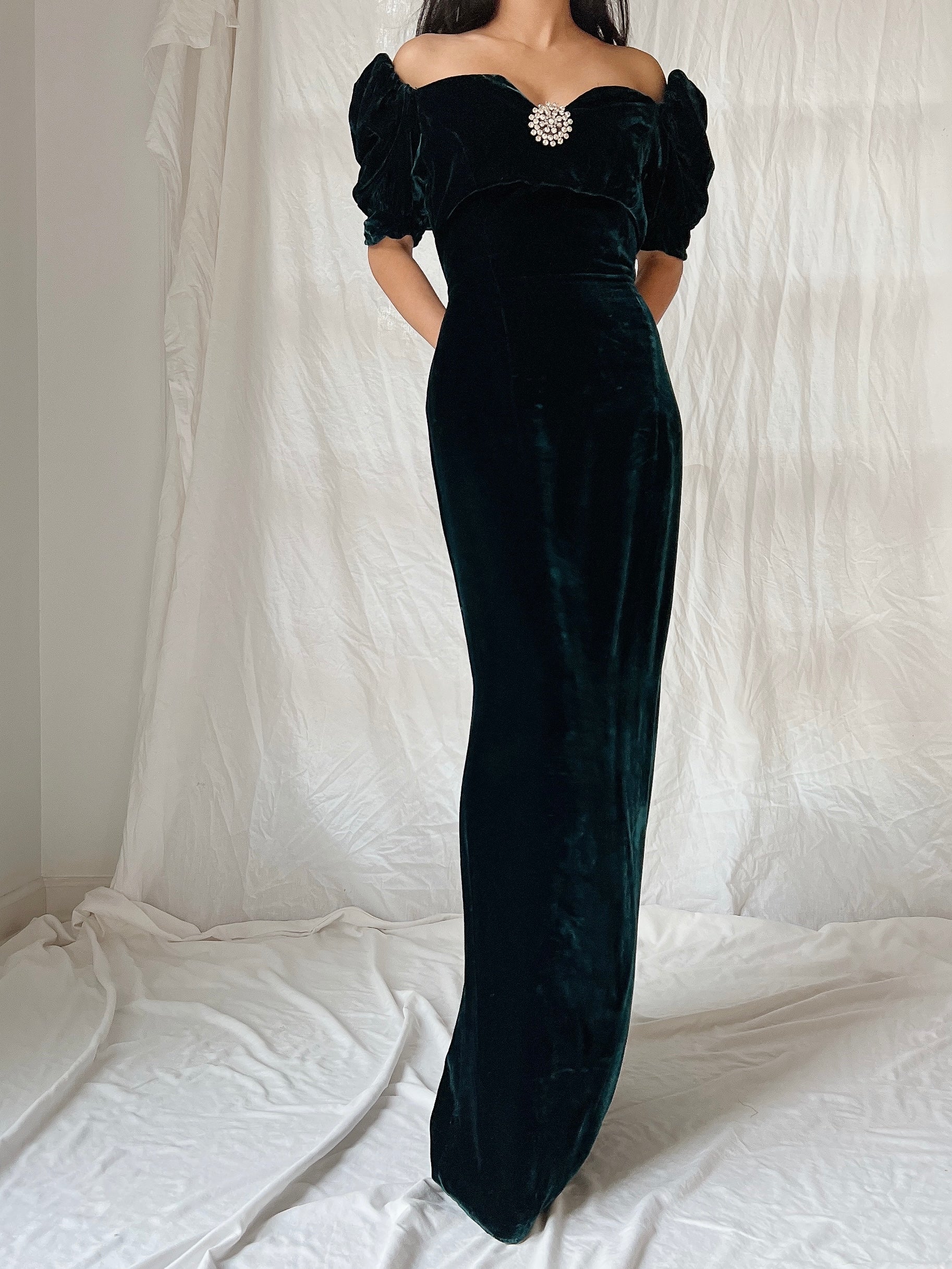 Vintage Teal Velvet Puff Sleeve Dress - XS/S