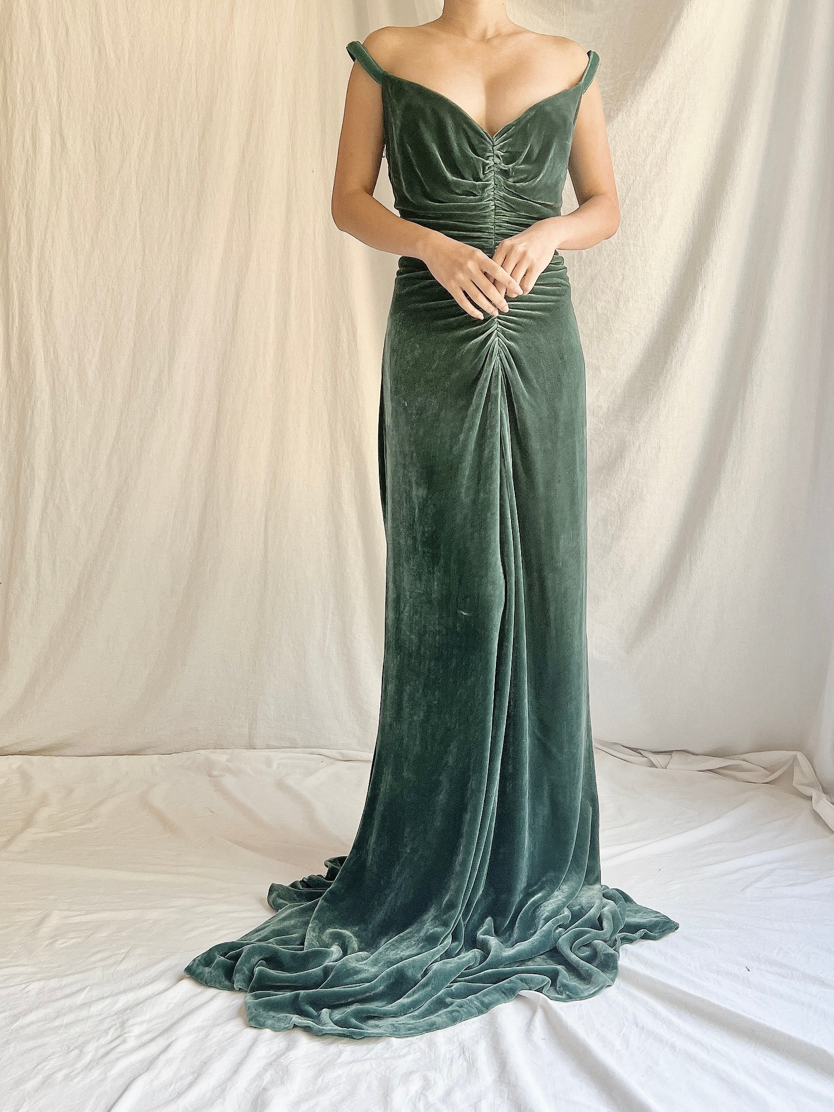 Vintage Moss Green Bellville Sassoon Silk Velvet Gown - L