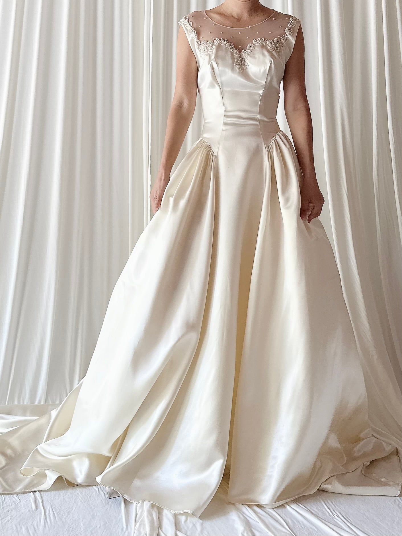 1940s Candlelight Satin Illusion Beaded Gown - S/4