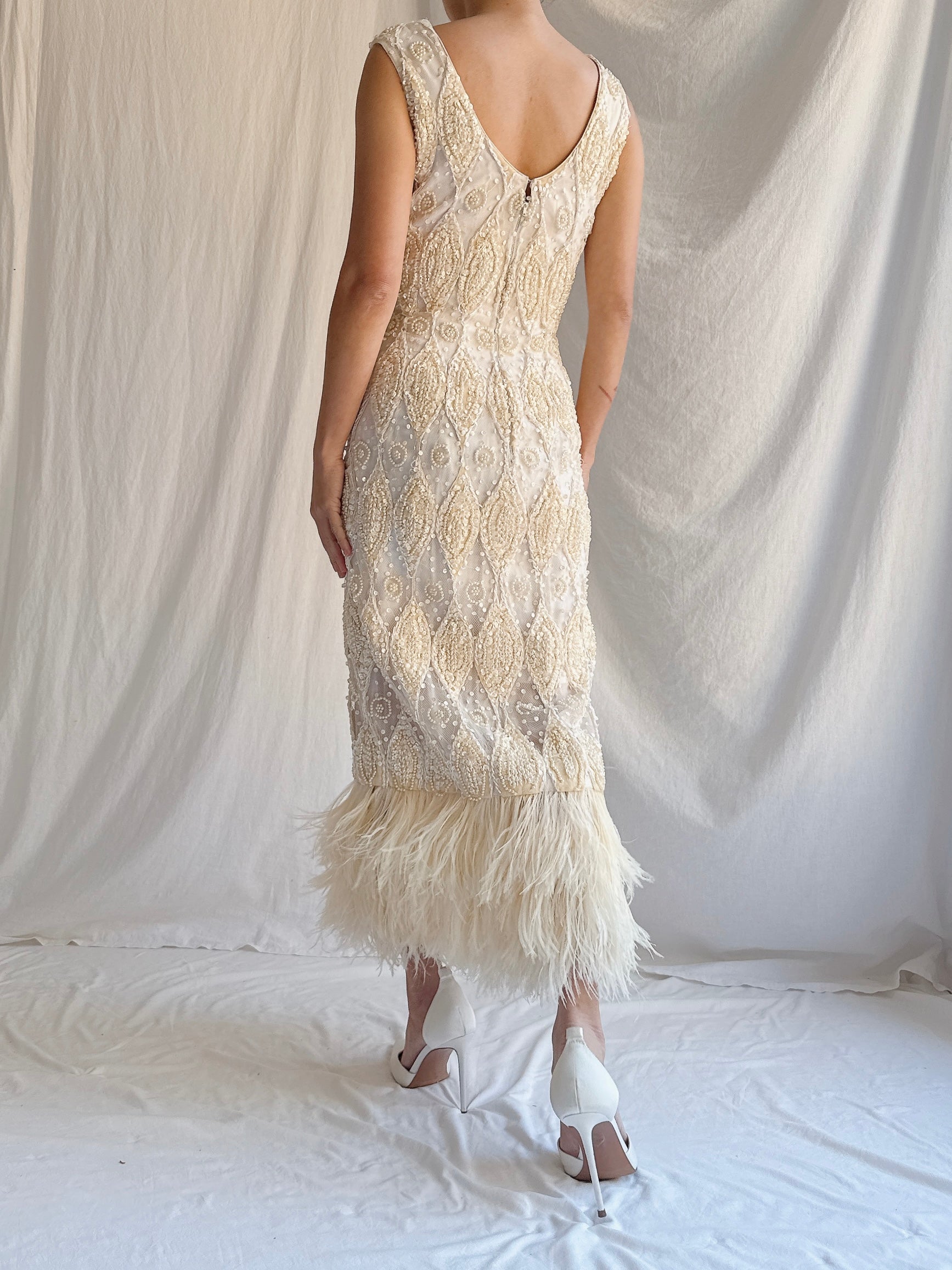 1960s Tulle Beaded Gown with Feather Embellishment - S 4-6