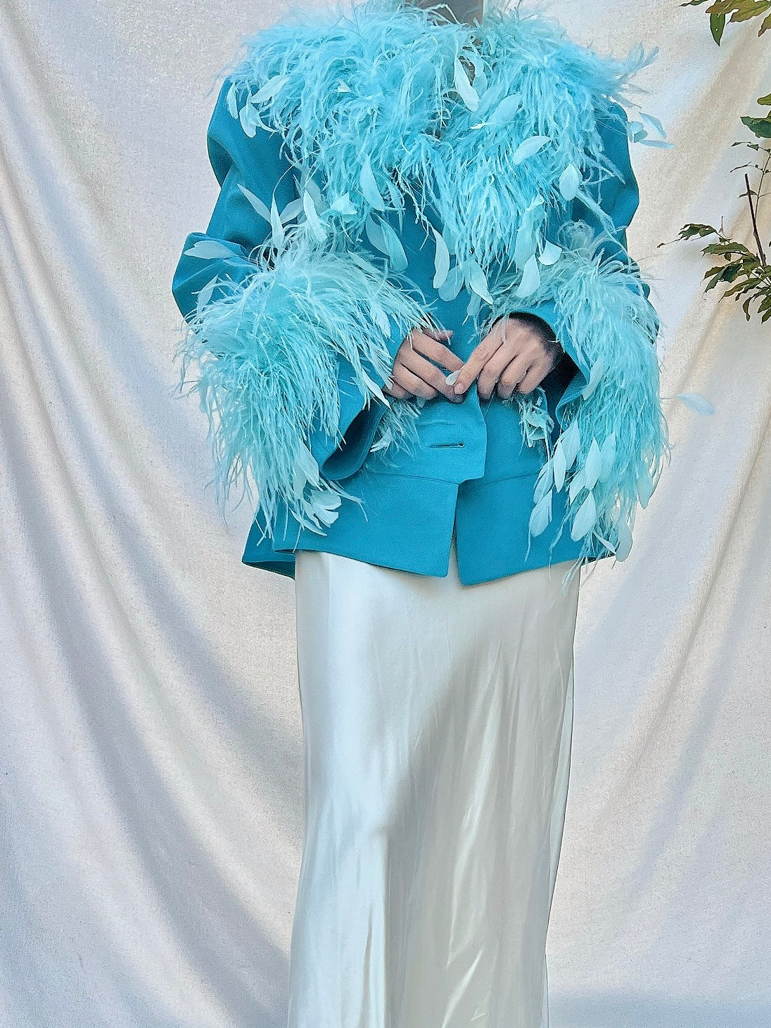 Vintage Cyan Feather Rayon Jacket - M