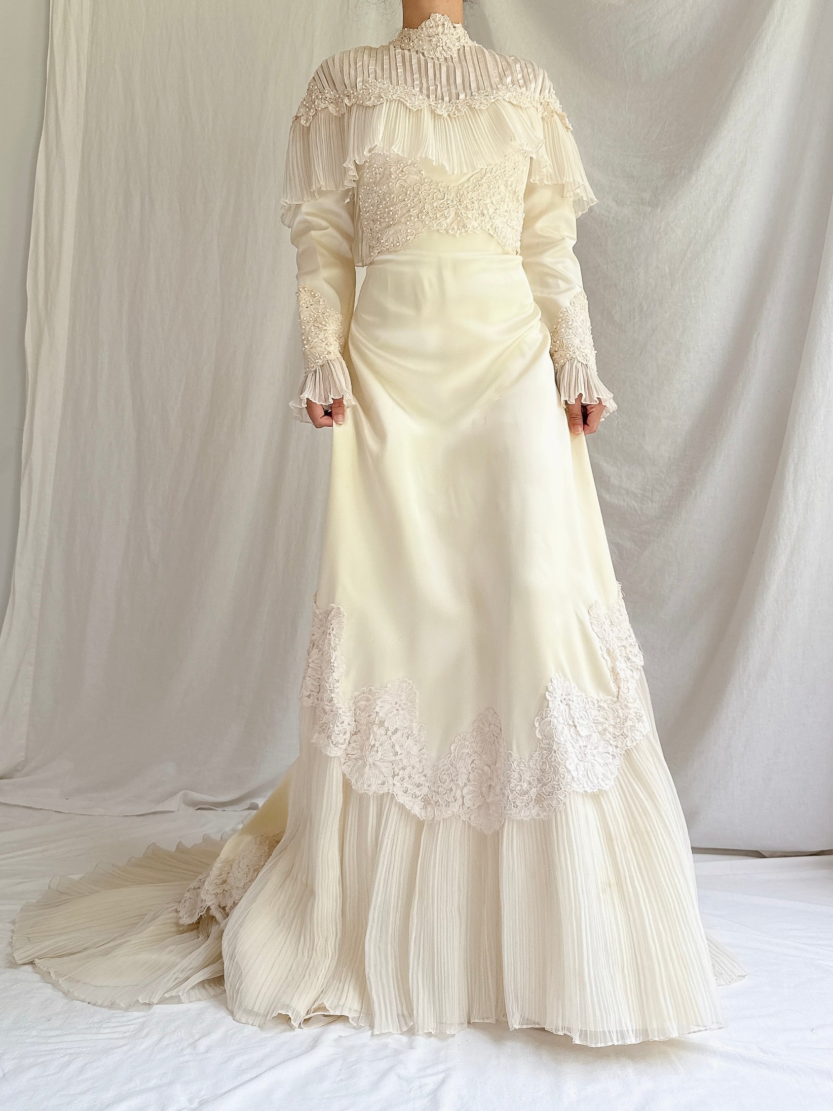 1970s Ivory Pleated Hem Satin Gown - S