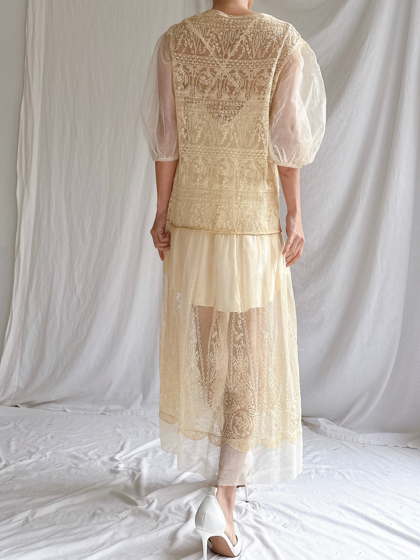 1920s Ecru Embroidered Dress - M