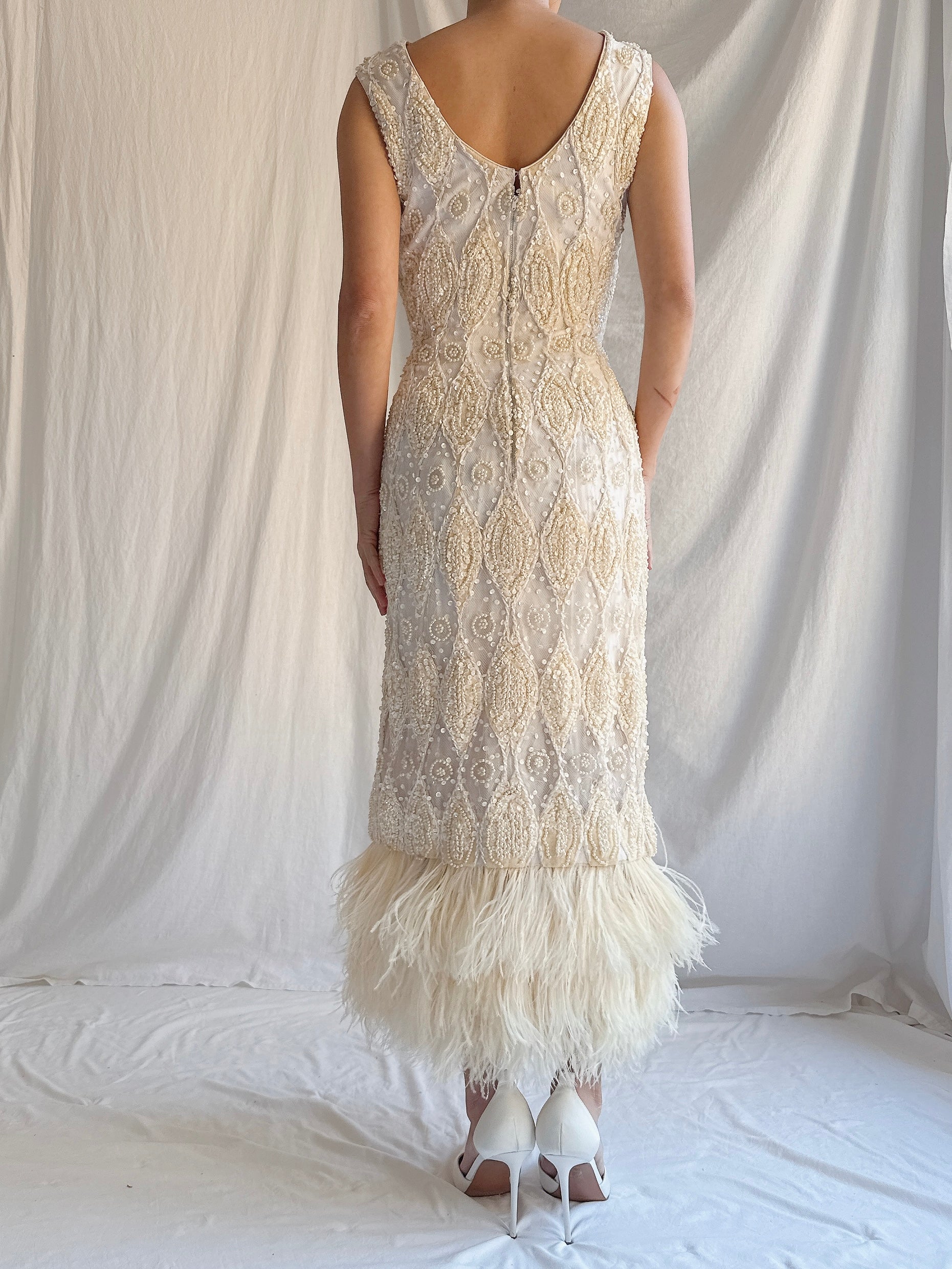 1960s Tulle Beaded Gown with Feather Embellishment - S 4-6