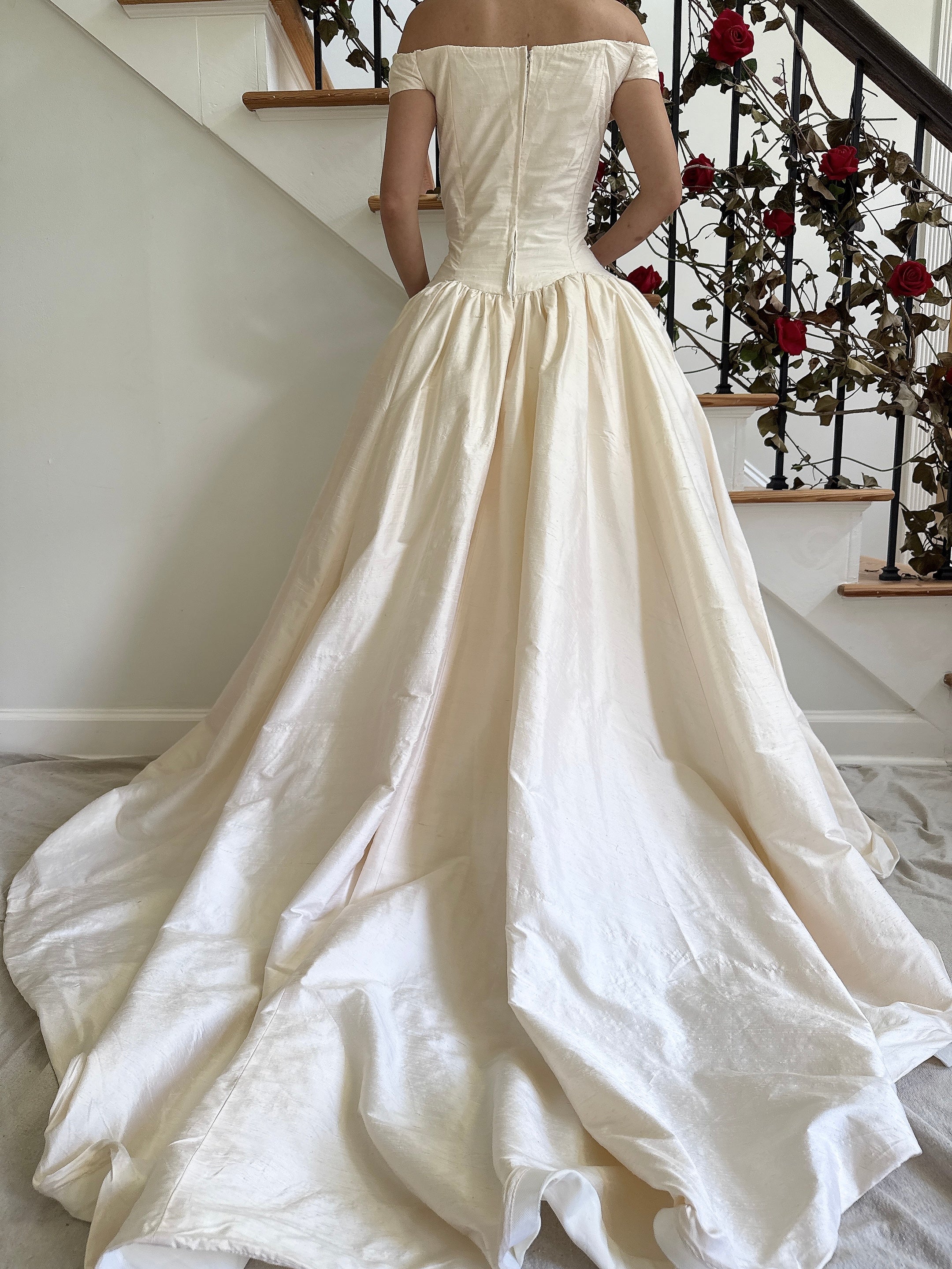 Vintage Raw Silk Portrait Collar Gown - M