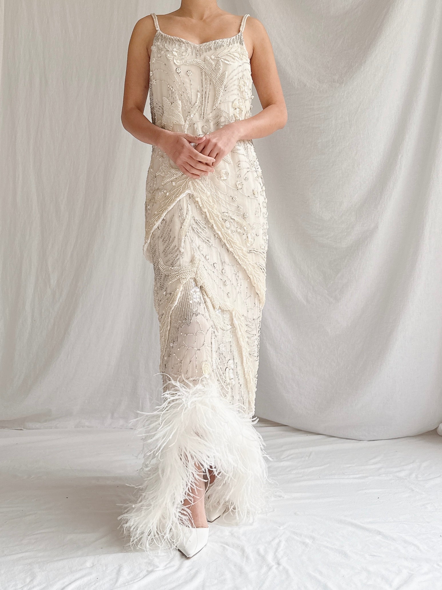 Vintage Silk Beaded Feather Trimmed Gown - S/M