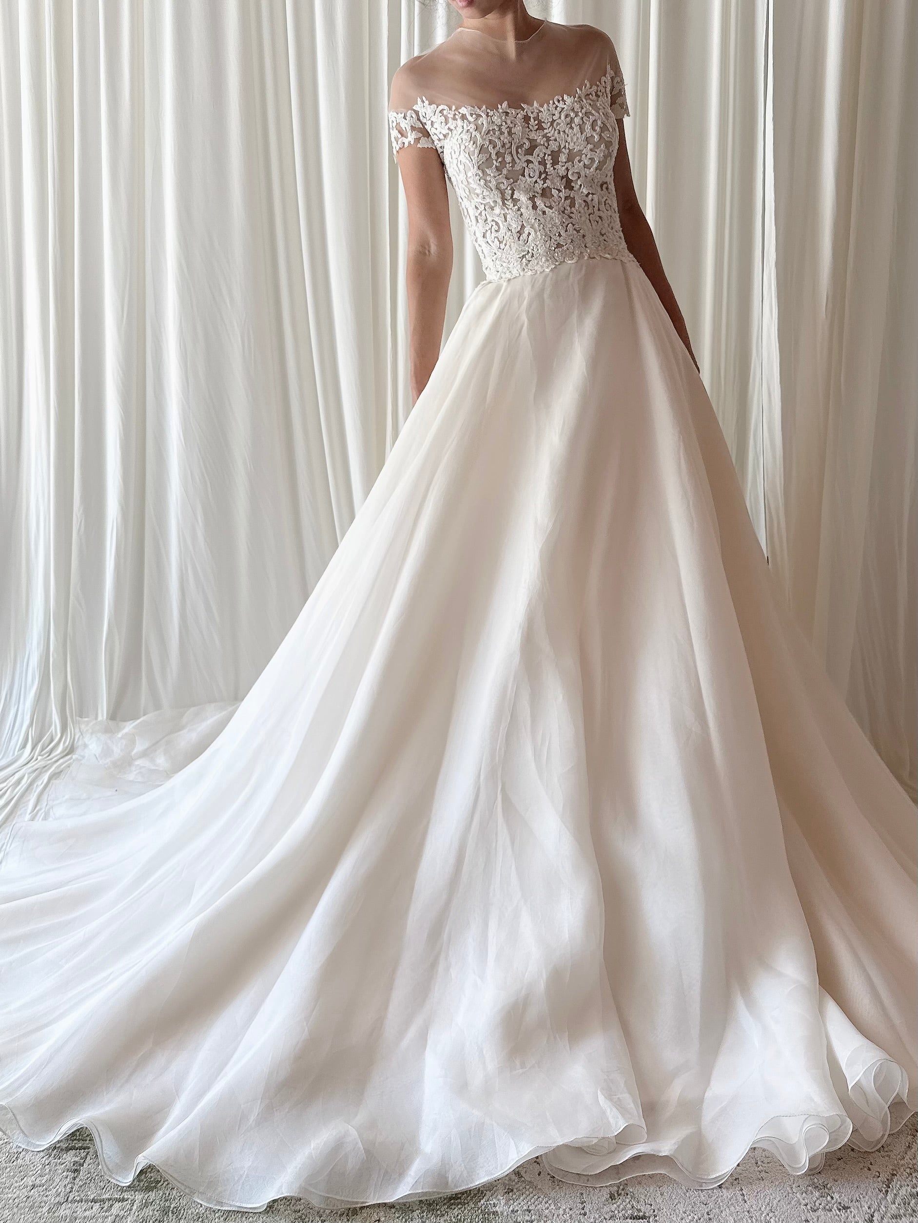 00 Reem Acra Silk Organza Illusion Lace Gown - M/6