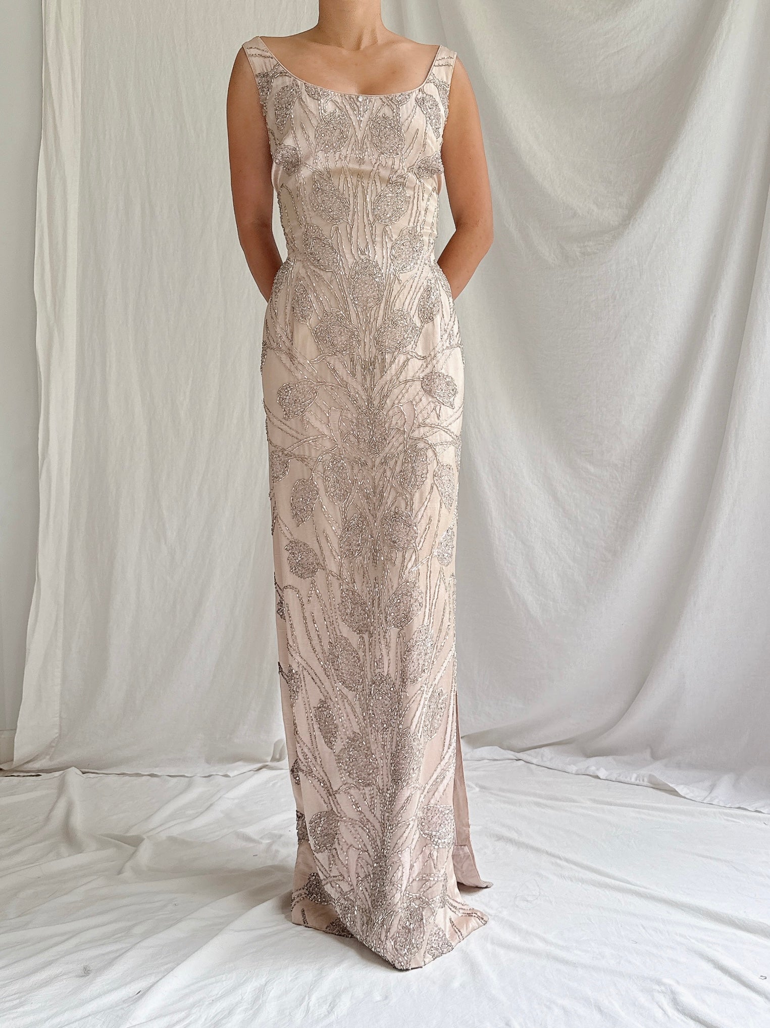 1960s Dusty Pink Silk Beaded Gown - M