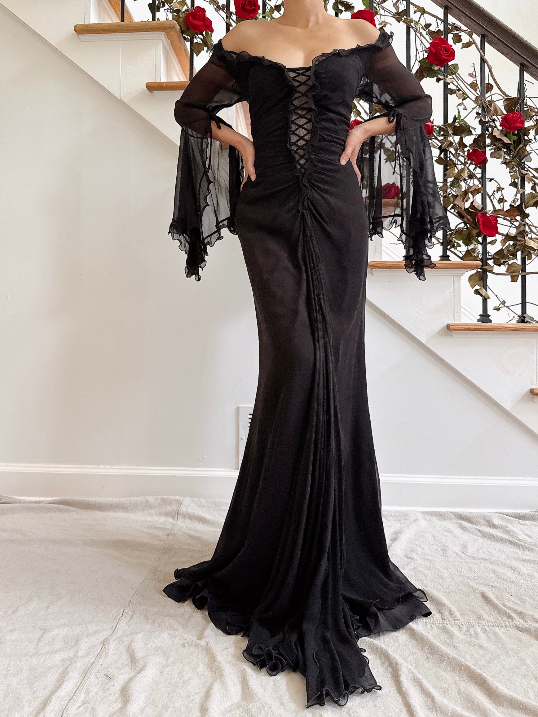 Vintage Belleville Sassoon Silk Angel Sleeve Gown - UK 16/36B/30W/42H/62L