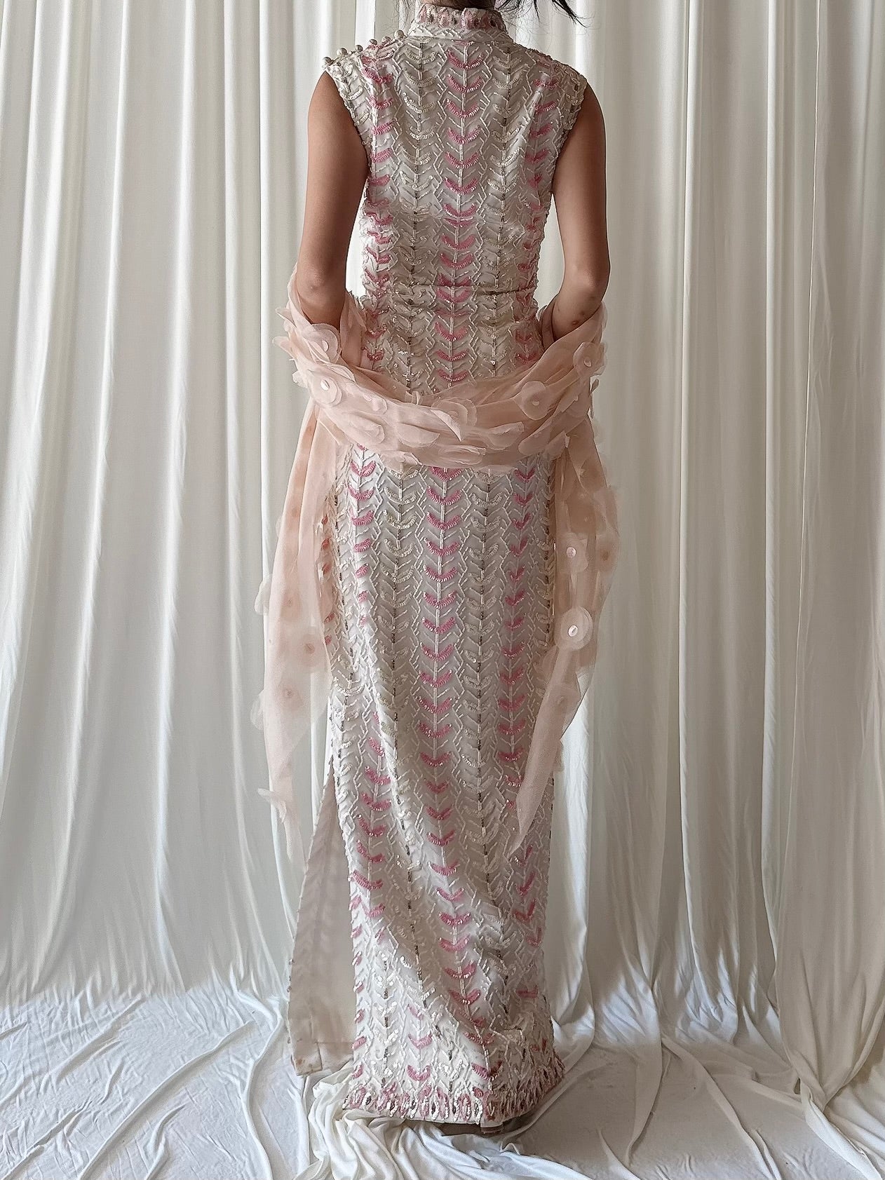 1960s Cheongsam Silk Organza Beaded Gown - M