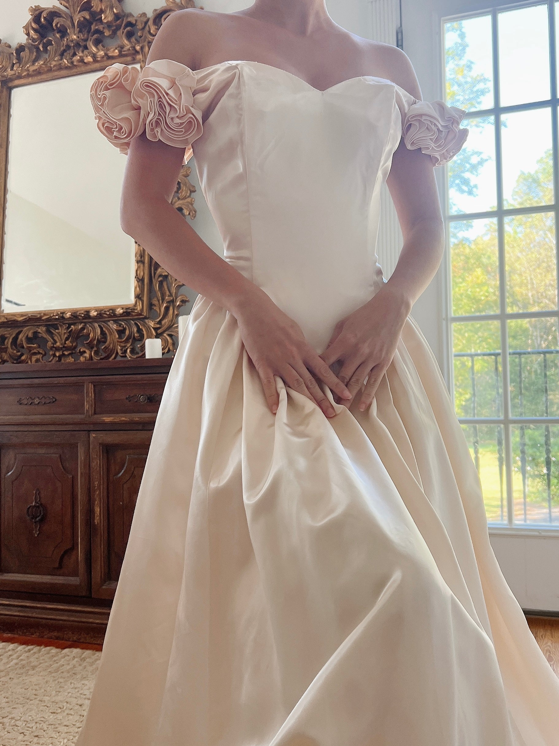 1980s Blush Satin Gown with Rosettes - S