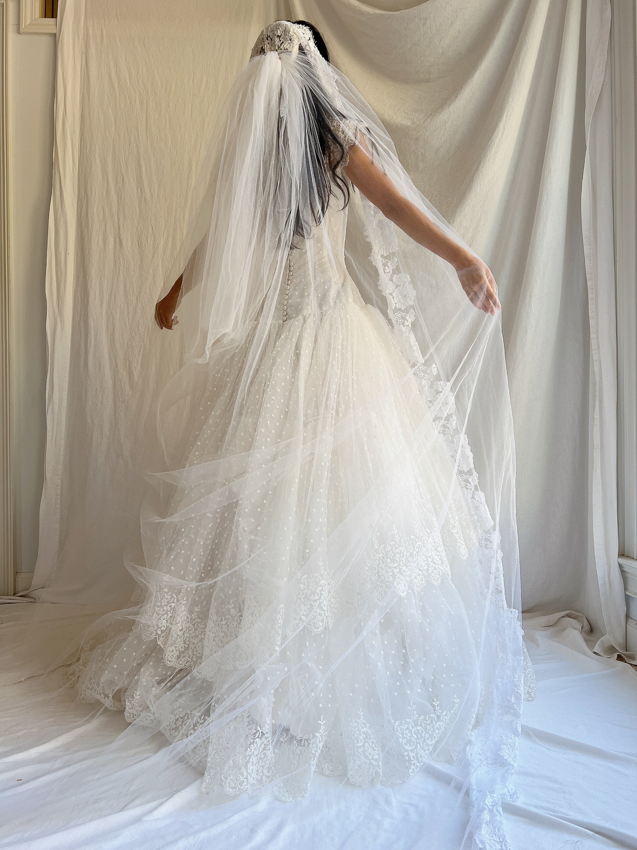 1950s Cathedral Alencon Double Tulle Veil