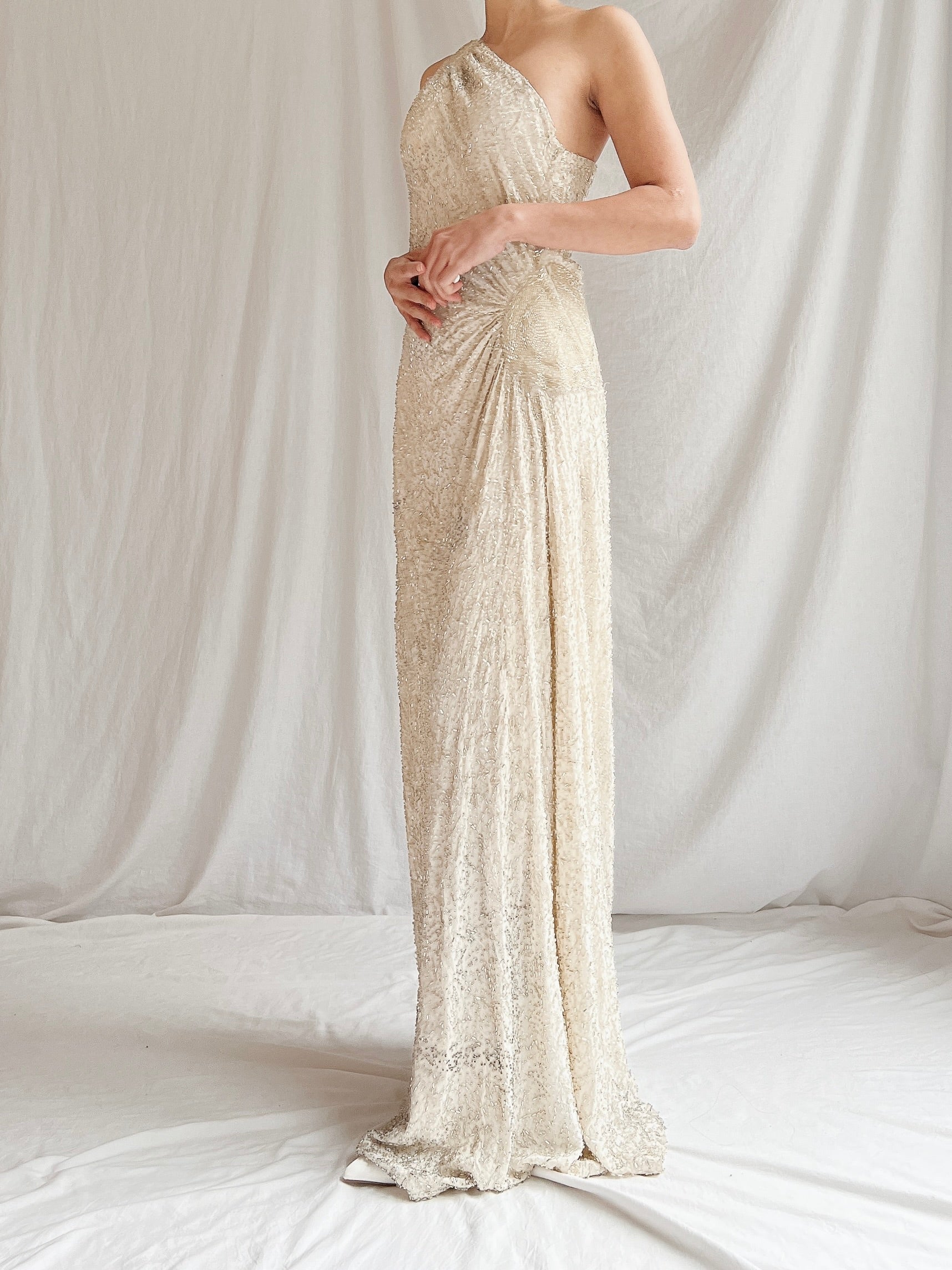 Vintage Silk One Shoulder Beaded Gown - M 6/8