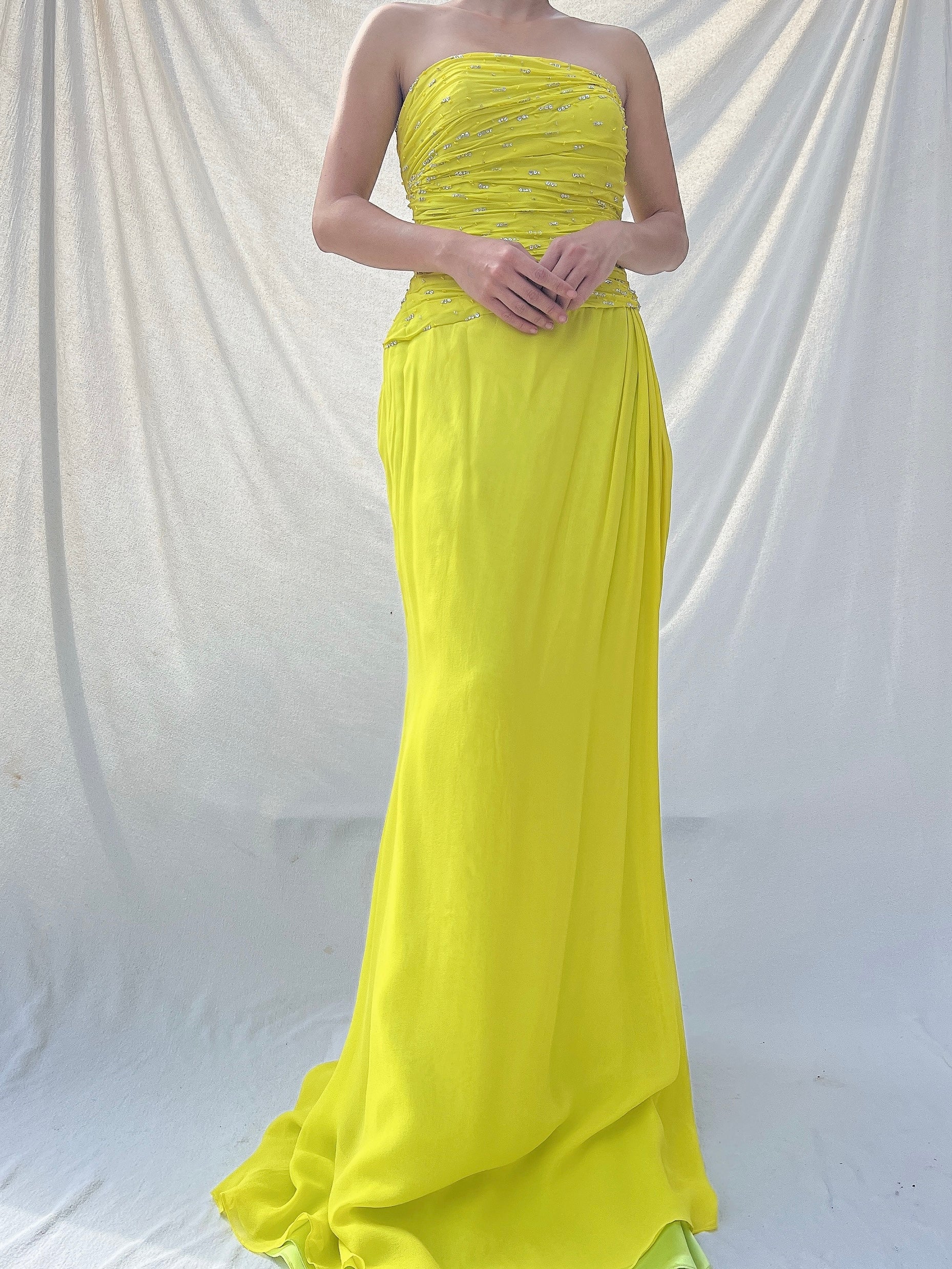 Vintage Chartreuse Silk Gown - M