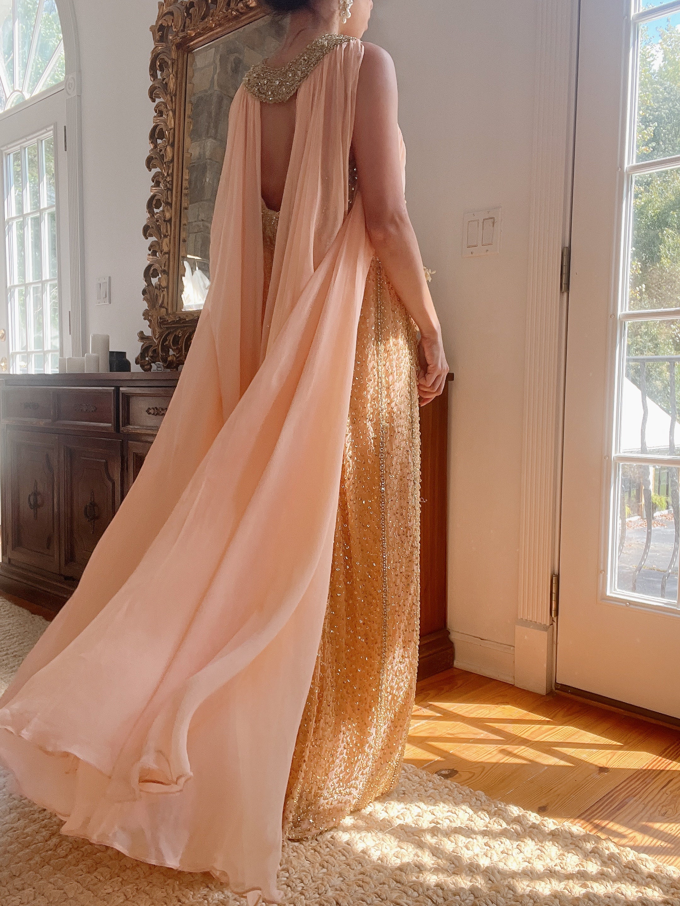 1960s Peach Beaded Gown & Cape - M/L