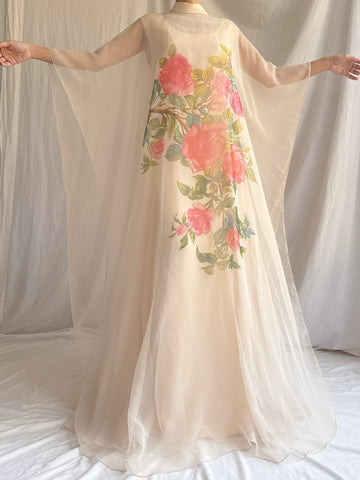 1960s Chiffon Rose Cape Dress - M