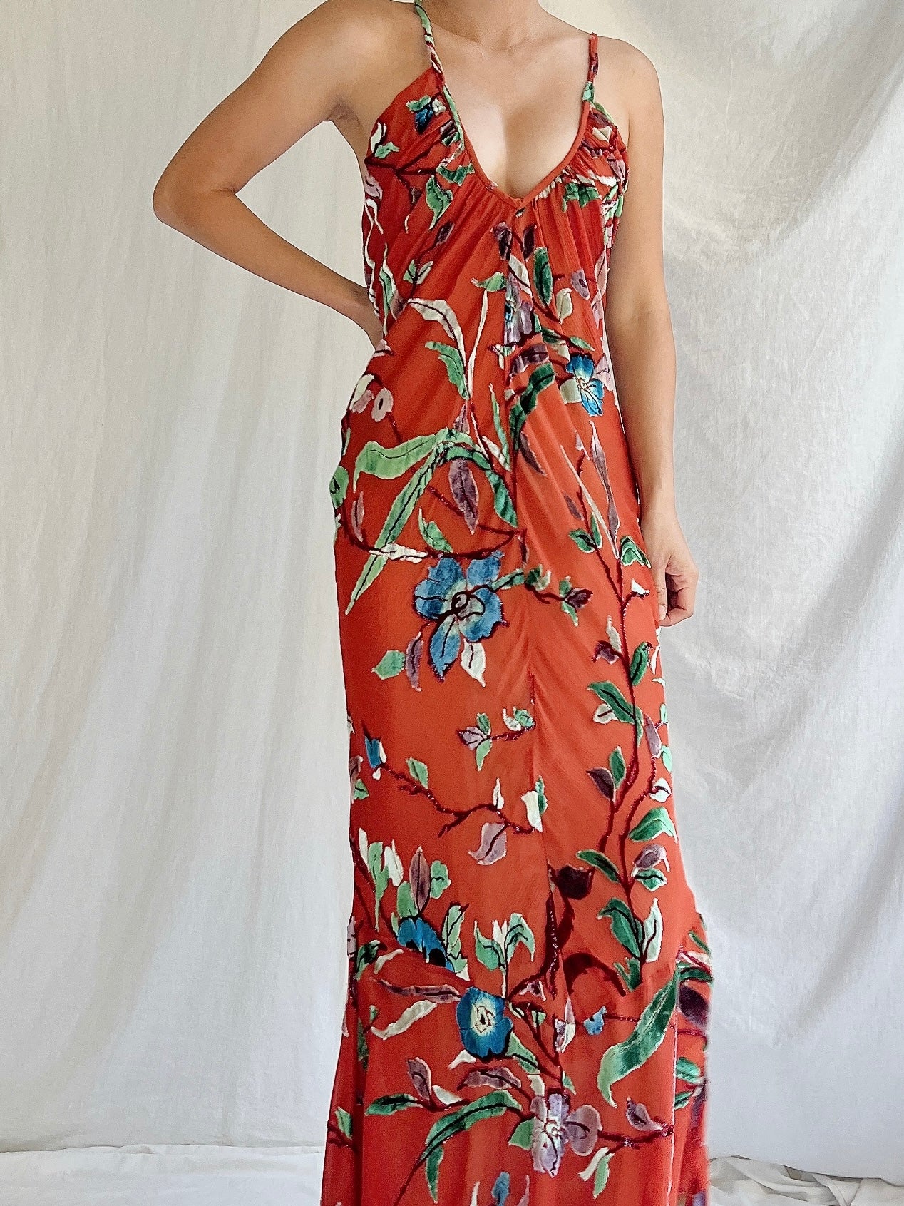 Vintage Silk Halter Velvet Devore Gown - M/L