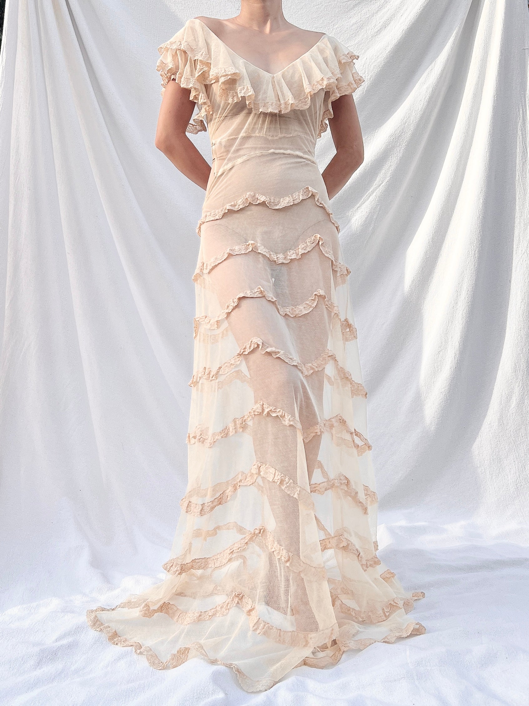 1930s Reversible Peach Ribbon Gown - XS