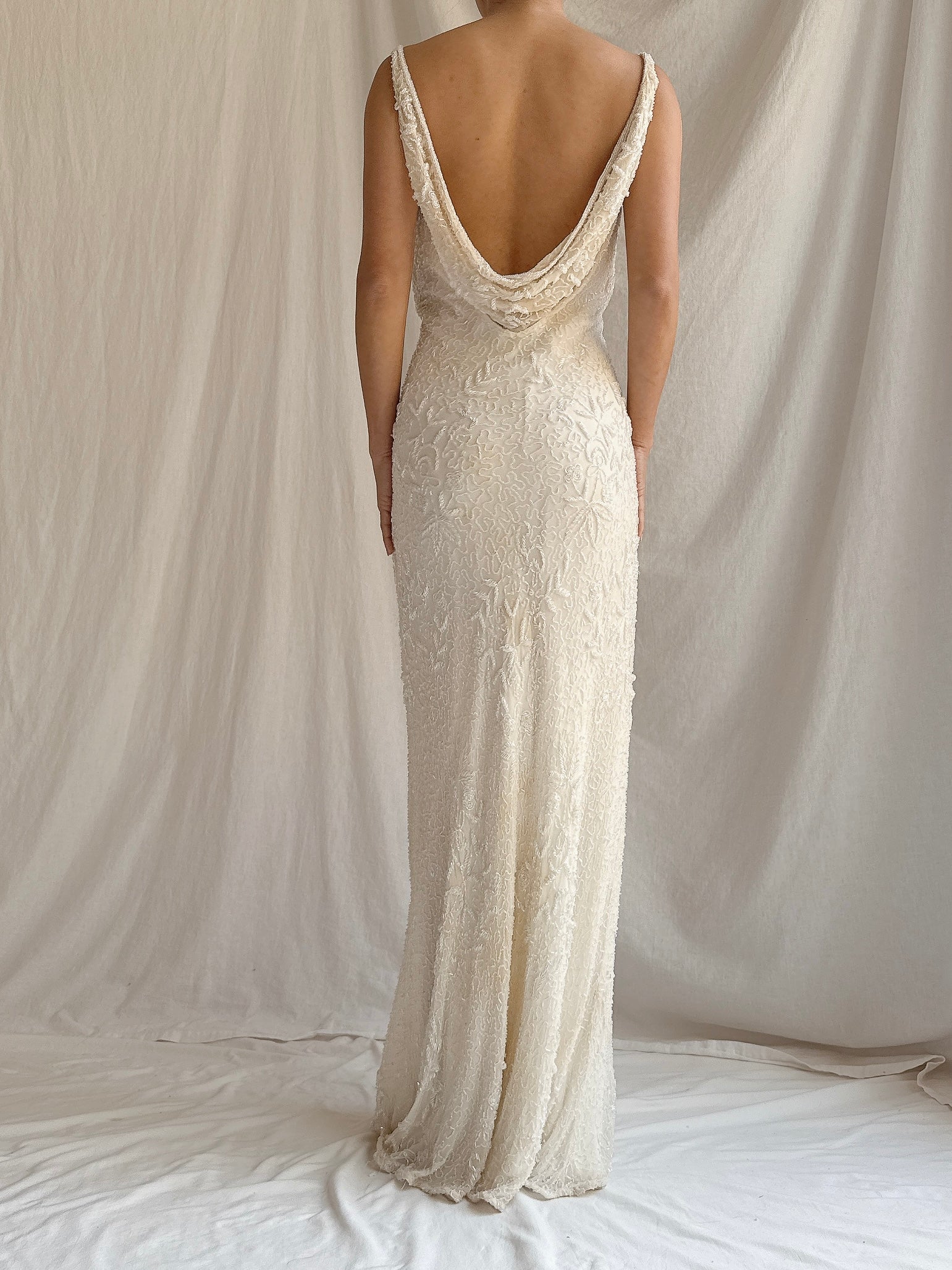 Vintage Ivory Silk Beaded Gown - S