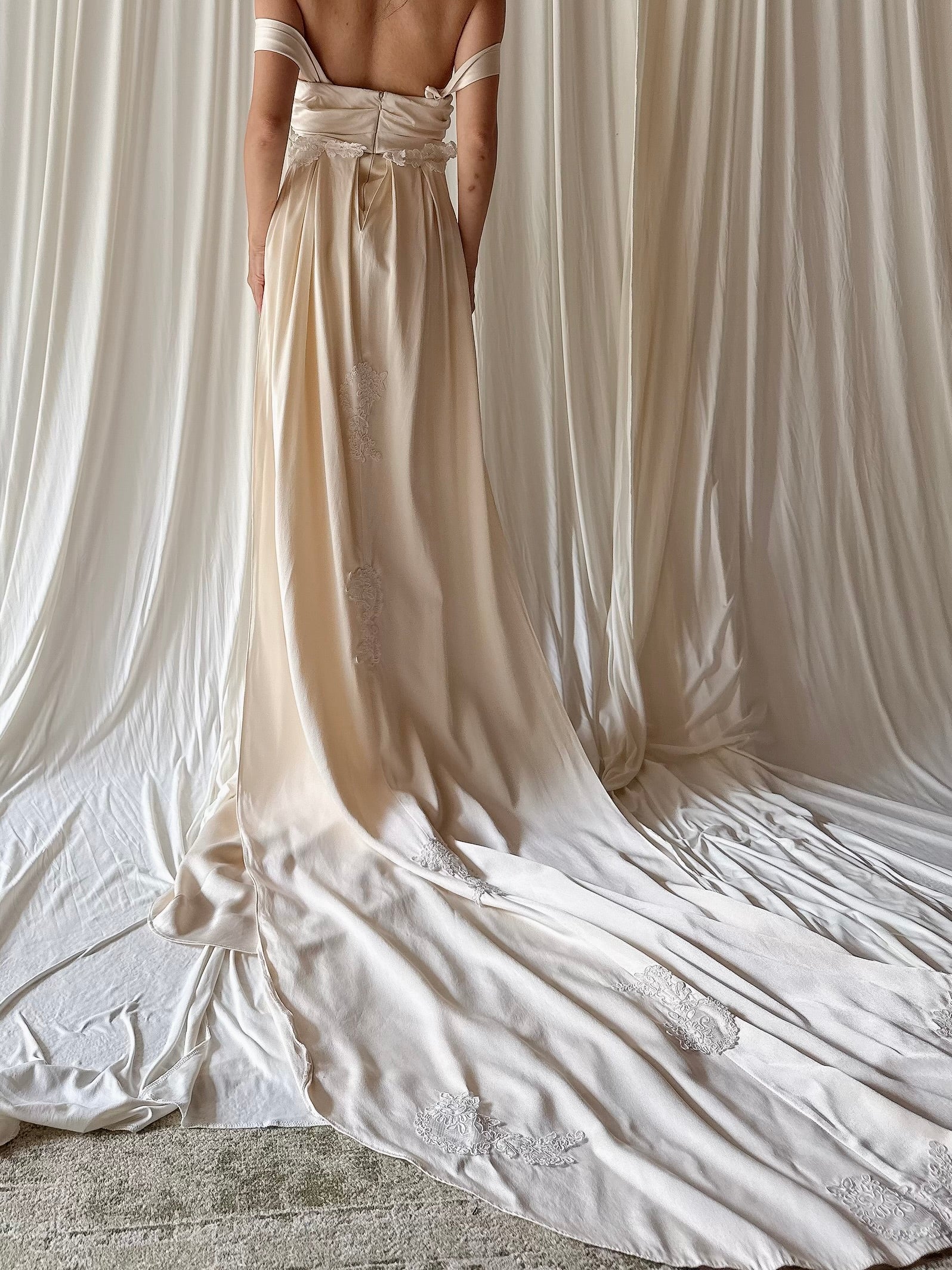 Vintage Silk Draped Bias Cut Gown with Detachable Train - M