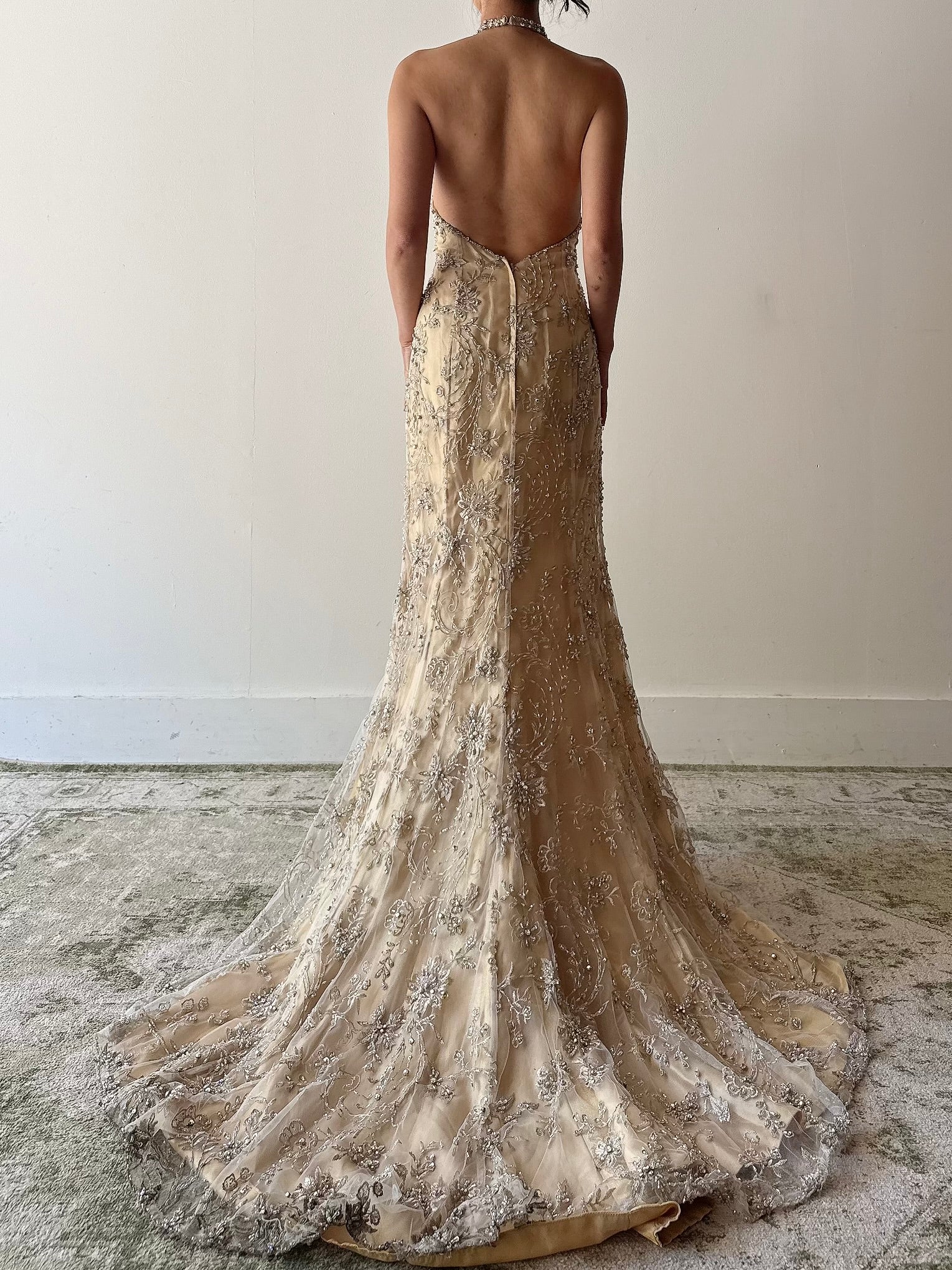 Vintage Gold Beaded Lace Halter Dress - Size 10